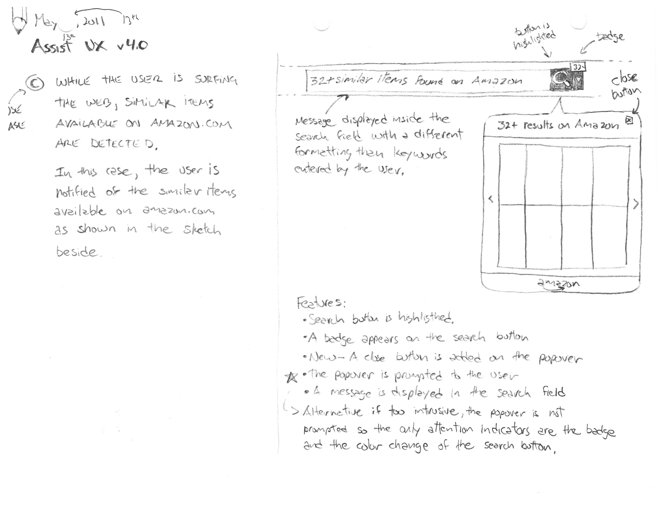 A pencil sketch headed “Assist UX v4.0”, with a paragraph of handwritten case description on the left and, on the right, a toolbar reading “32+ similar items found on Amazon” with a badged search button, a popover of results, and a handwritten feature list below.