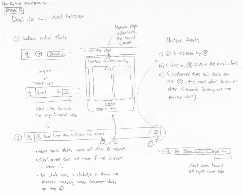 A pencil sketch headed “Deal UX v5.0 — Alert Behavior”, with a transition diagram of an alert sliding into a toolbar, a popover, and a right-hand column headed “Multiple Alerts” listing lettered rules.