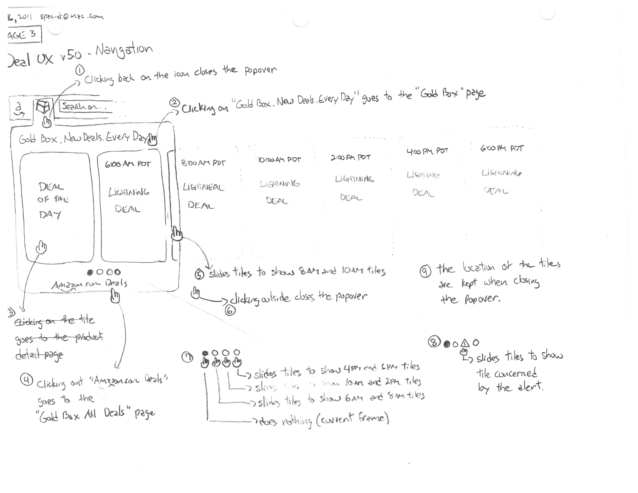 A pencil sketch headed “Deal UX v5.0 — Navigation”, showing a popover with deal tiles and a row of time-stamped frames from 6:00 AM PDT to 6:00 PM PDT, annotated with nine numbered navigation rules.
