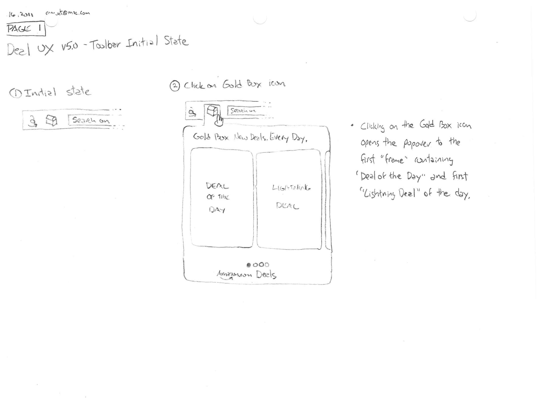 A pencil sketch headed “Deal UX v5.0 — Toolbar Initial State”, showing a slim browser toolbar at rest, then the same toolbar with a popover open beneath it containing two tiles labelled “Deal of the Day” and “Lightning Deal”, with handwritten notes at the right.