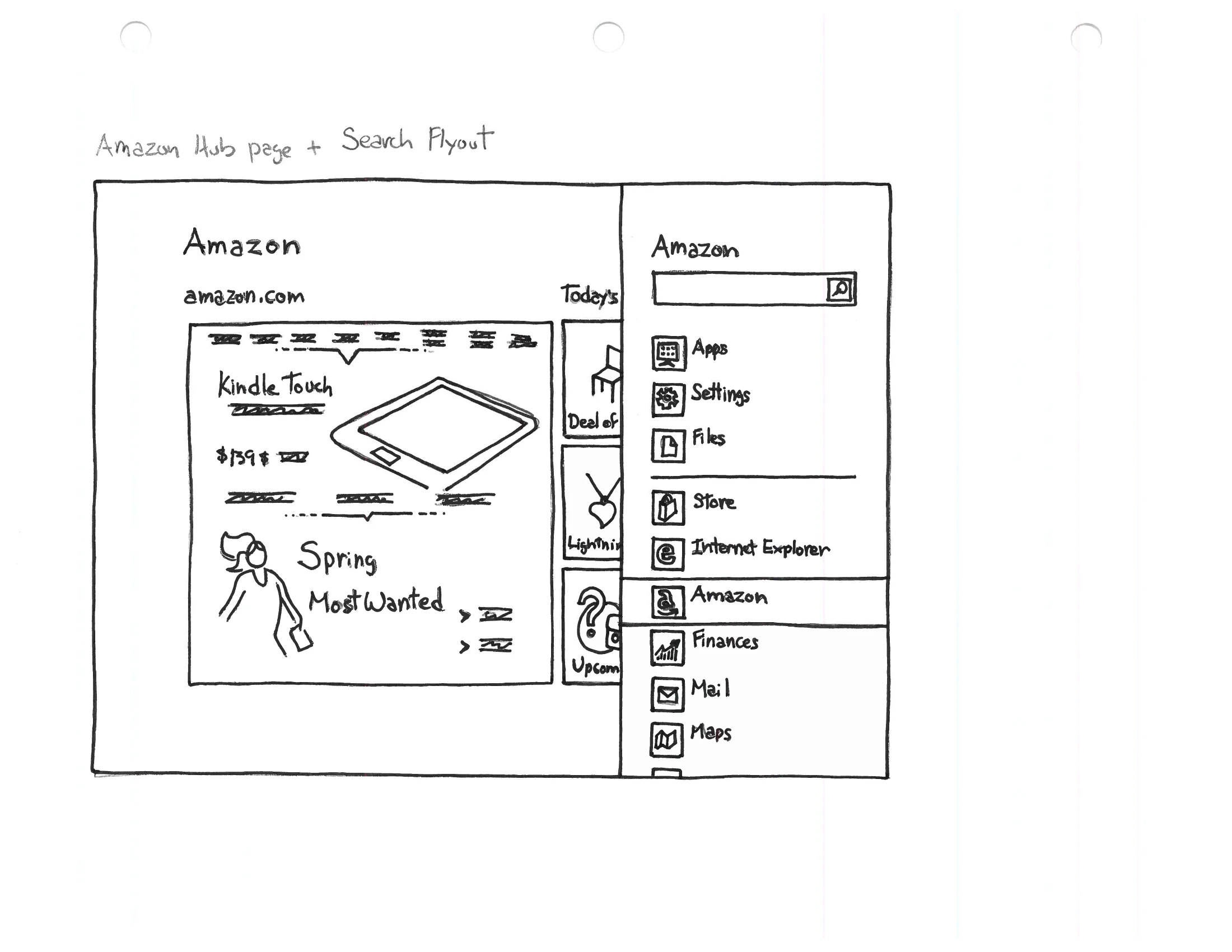 An ink wireframe of the same hub page with the Windows search flyout open at the right, listing searchable scopes — Amazon, Apps, Settings, Files, Internet Explorer, Finance, Mail — above the results area.