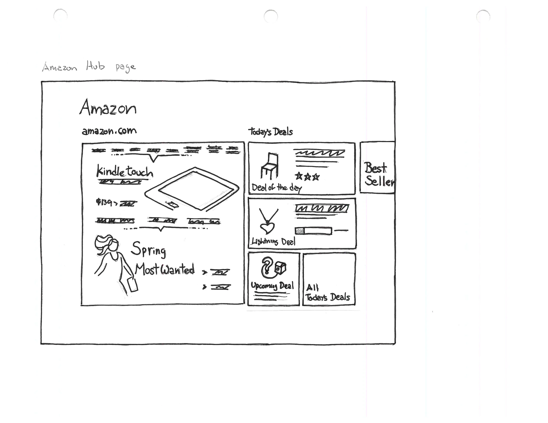 An ink wireframe of the Amazon hub page in Metro: a wide search field at the top, a large Kindle Touch promotional panel at the left, and a mosaic of tiles for Deal of the Day, Lightning Deals, Best Sellers and cloud apps.