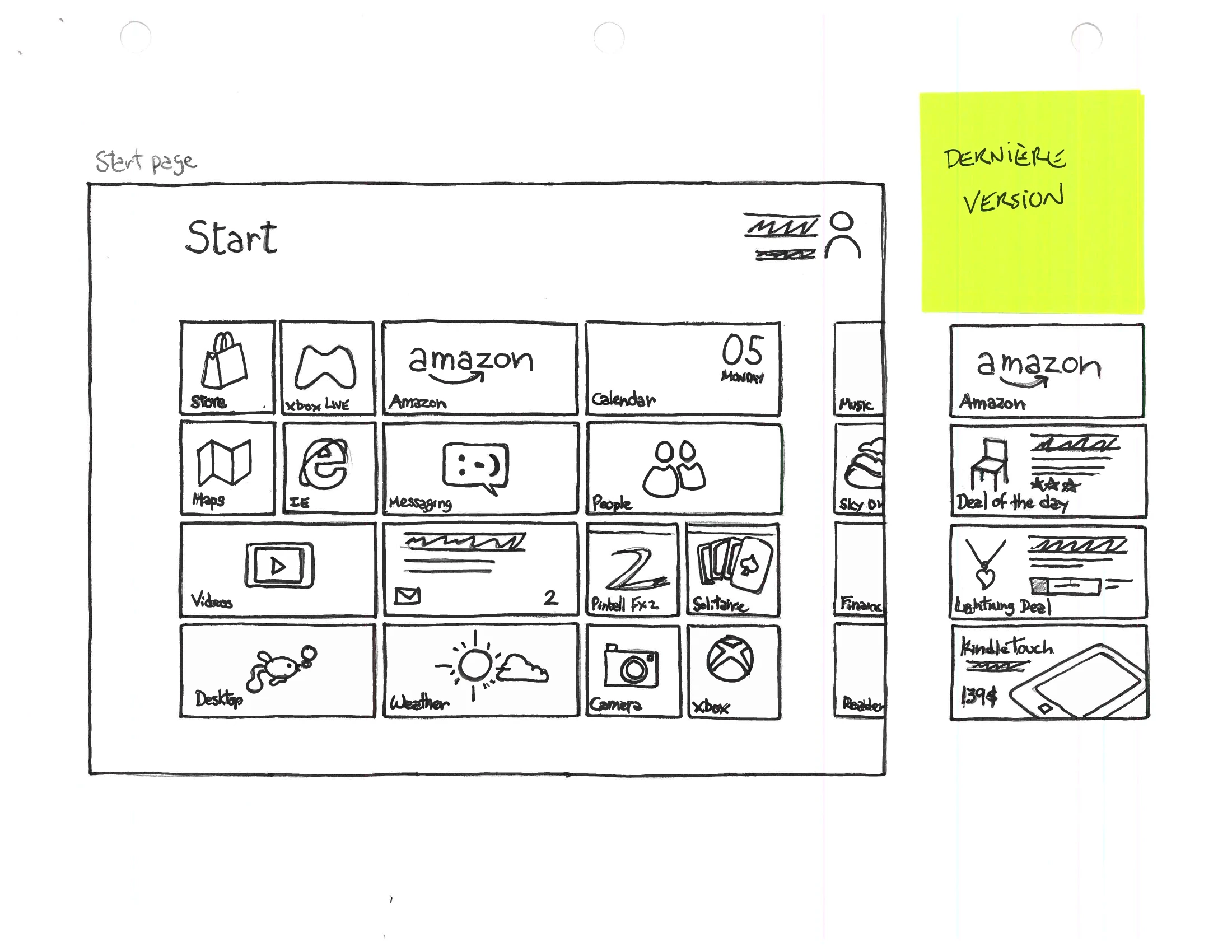 An ink wireframe of a Windows 8 Start screen drawn as a grid of live tiles, with an Amazon tile group at the right carrying deal and best-seller entries, and a yellow sticky note reading “Horizontal version”.