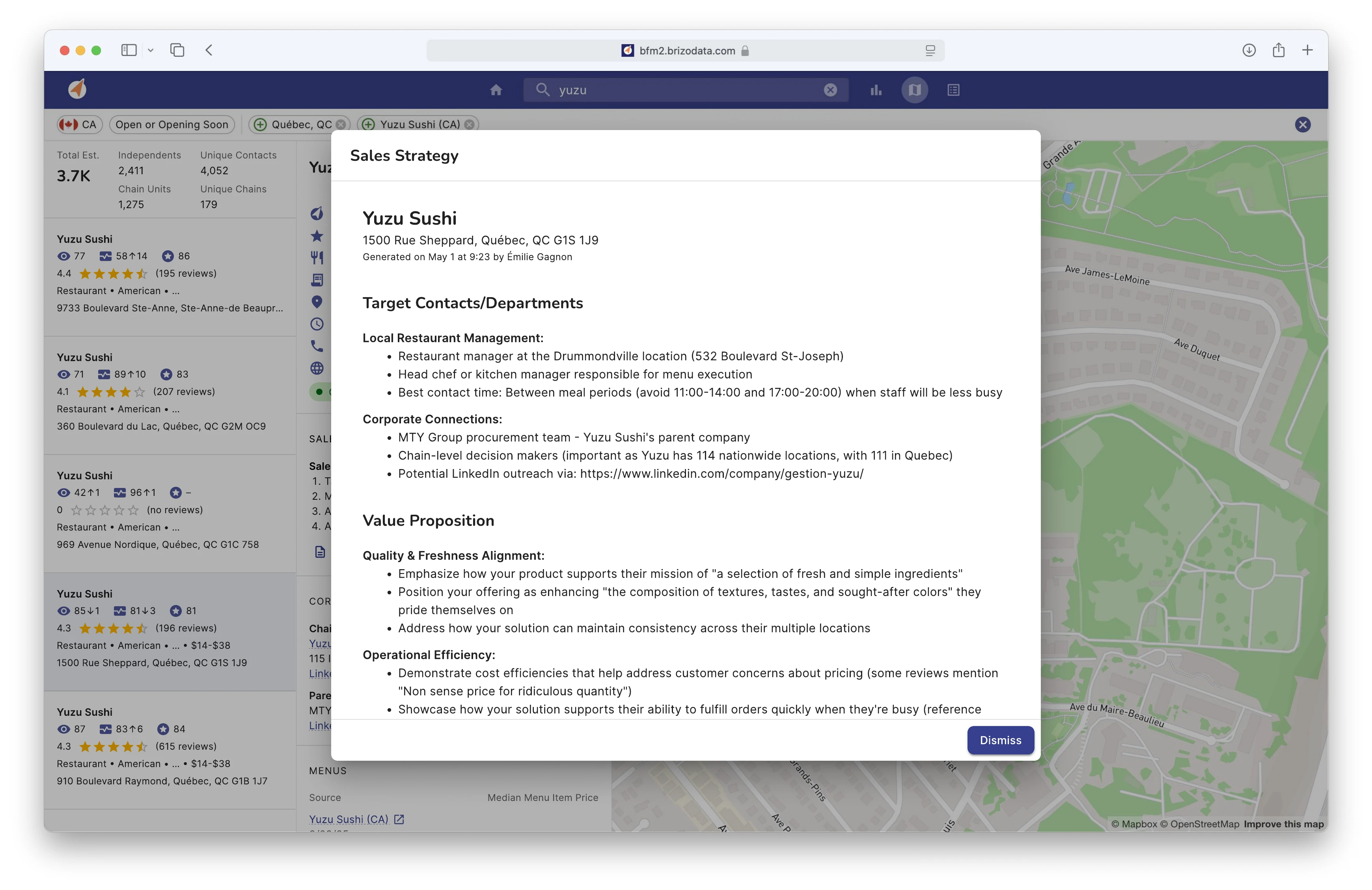 The Help Me Sell modal showing a generated, personalized sales strategy.