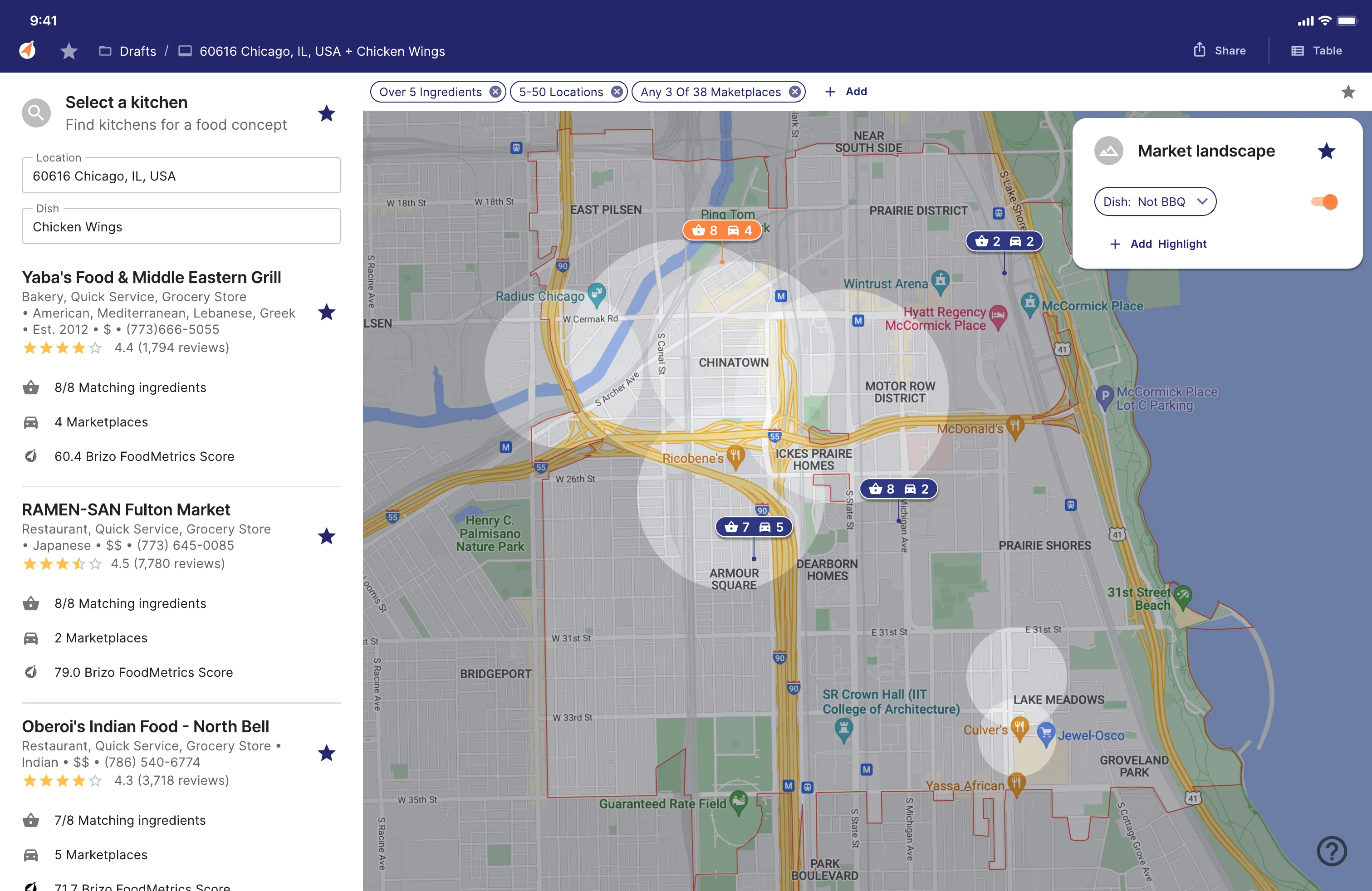 Kitchen Finder concept — the same view with the market-landscape heatmap layer turned on.