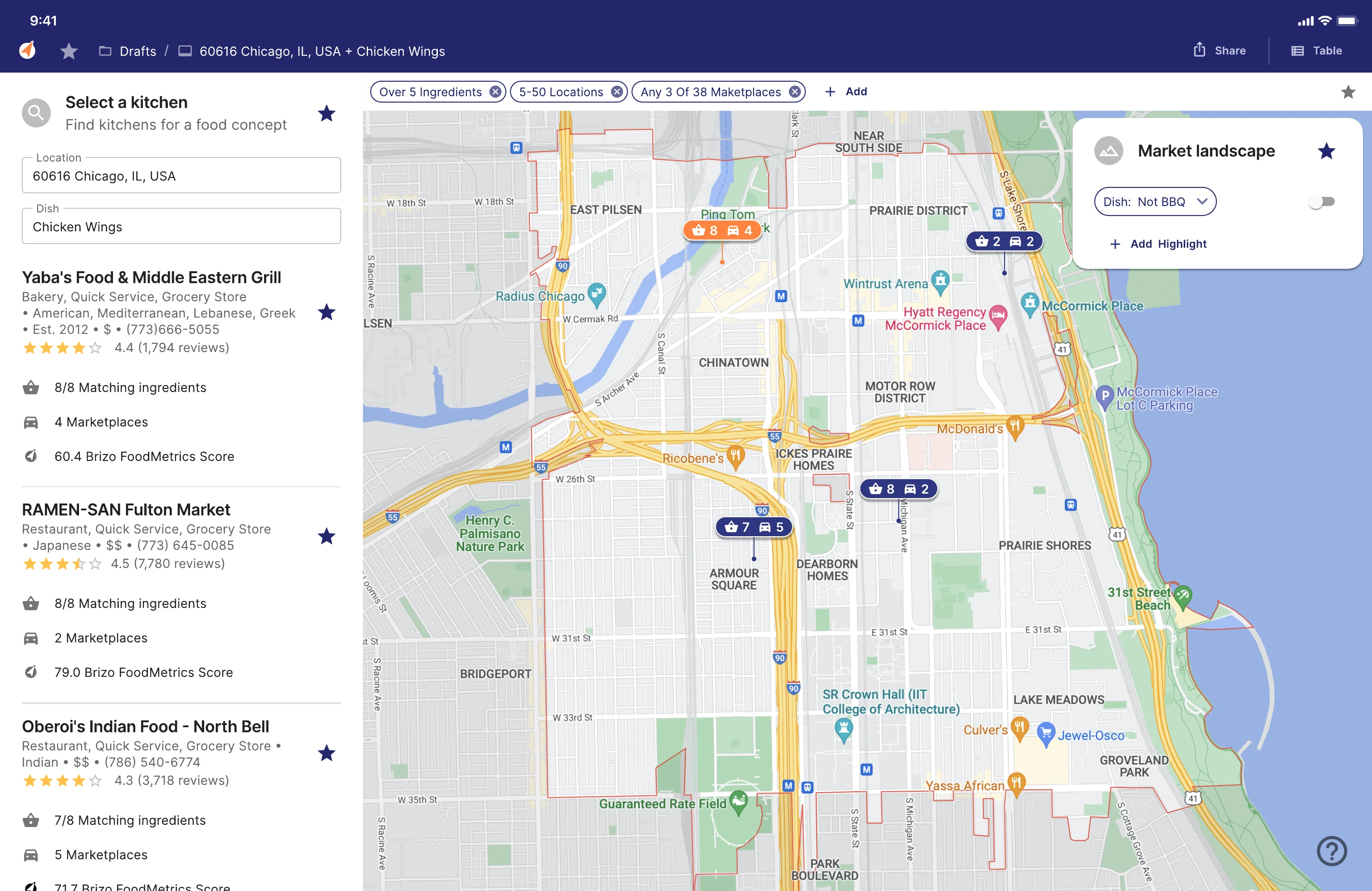 Kitchen Finder concept — a ranked list of kitchens beside a live city map of matching establishments.