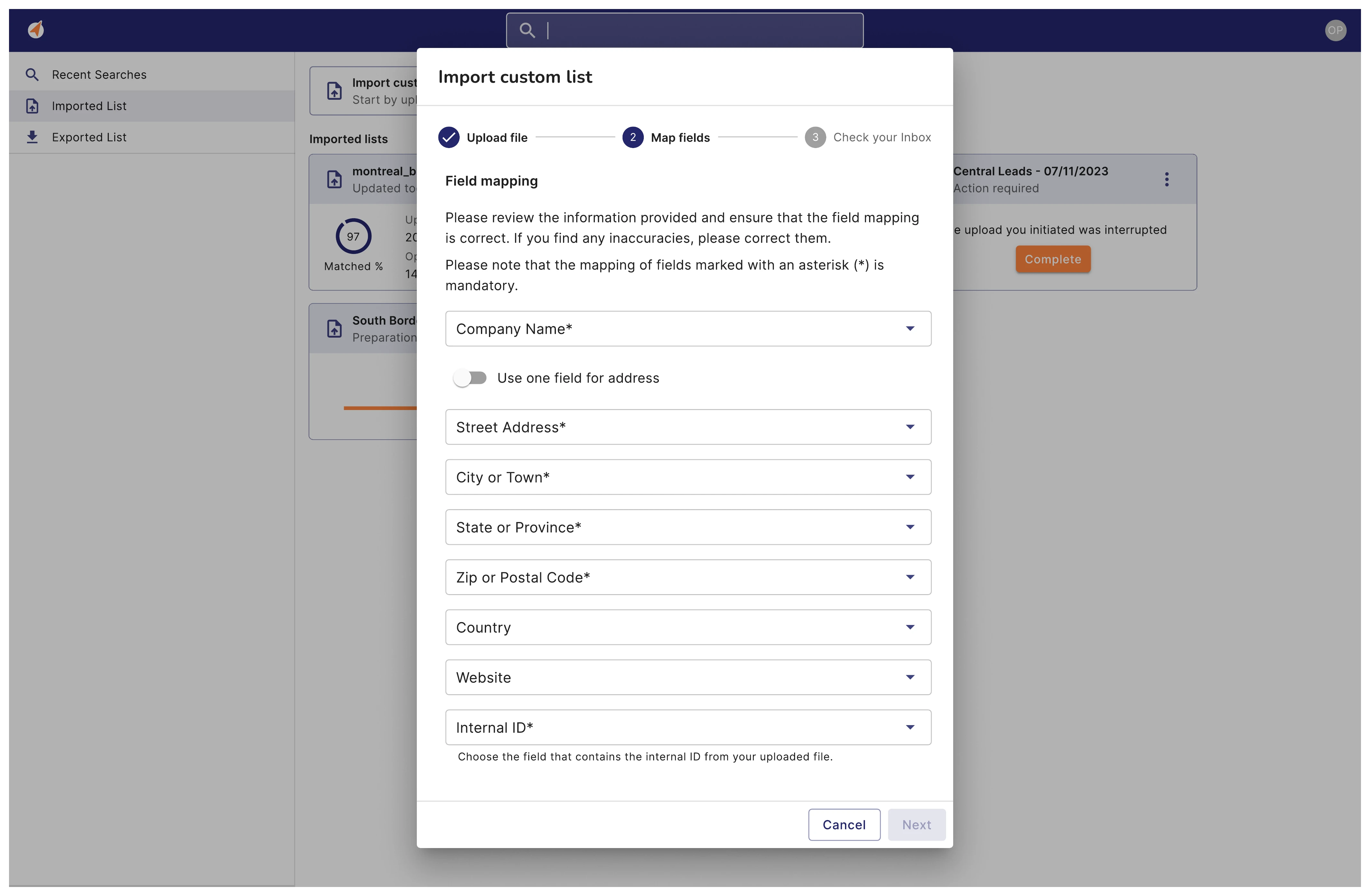 The import wizard’s field-mapping step, matching CSV columns to data fields.
