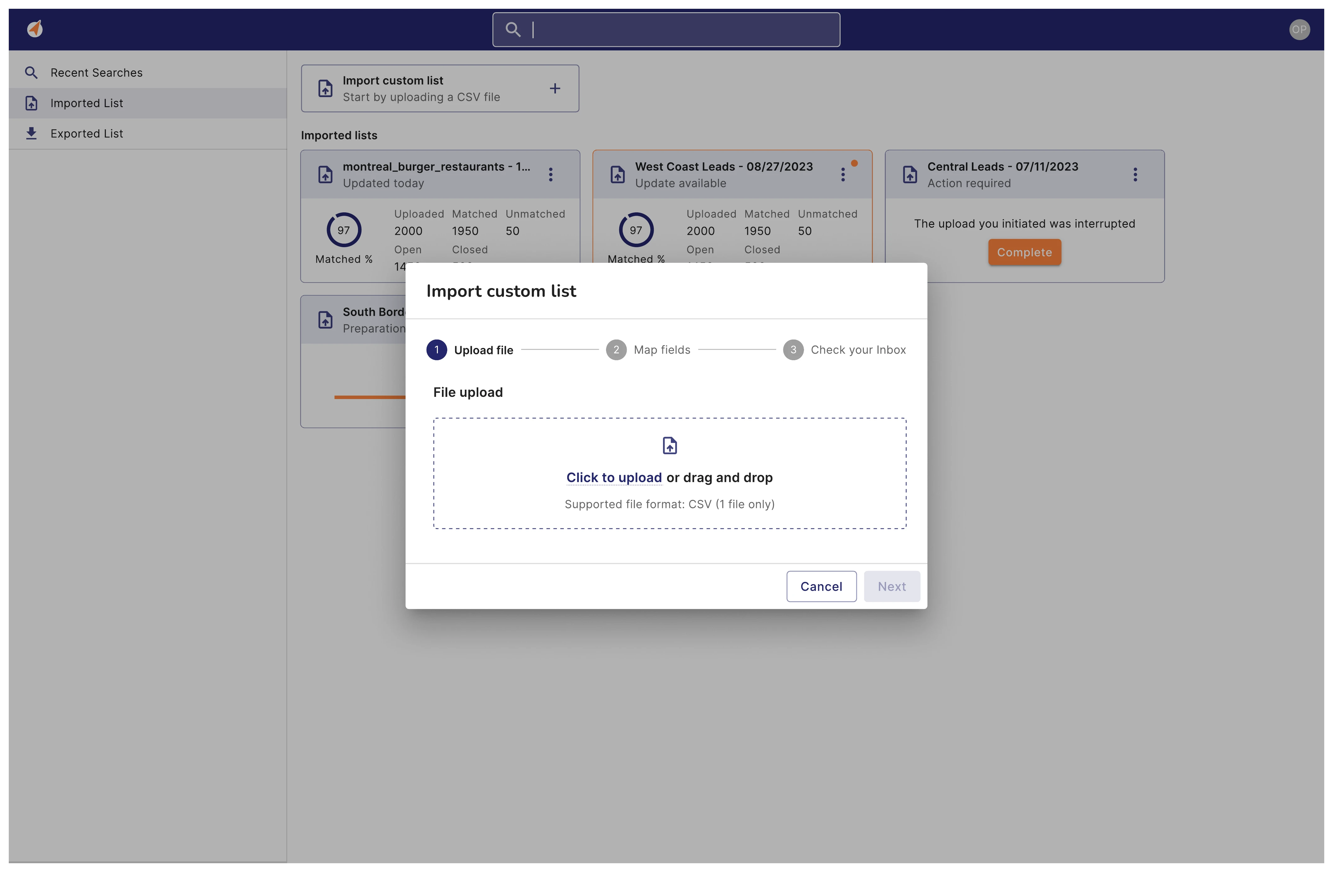 The import wizard’s file-upload step over the imported-lists dashboard.
