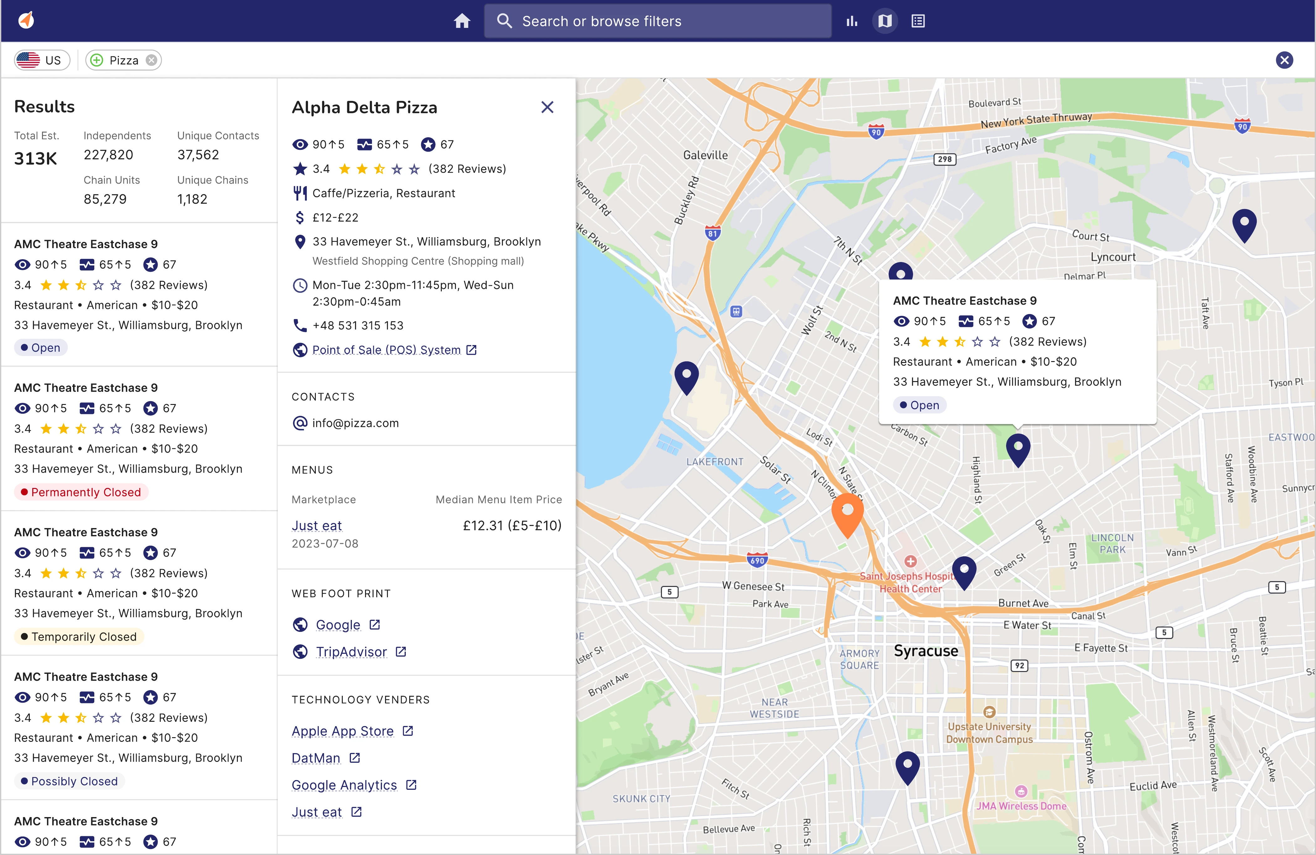 The live results view with an establishment profile open as a side panel between the list and the map — the restaurant’s identity, contacts, menus, web footprint, and technology vendors in one place.