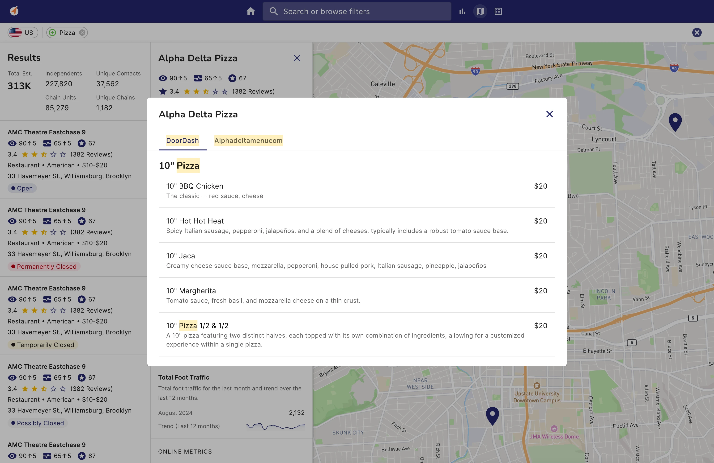 The menu viewer over the live result set — a restaurant’s menu read inline.
