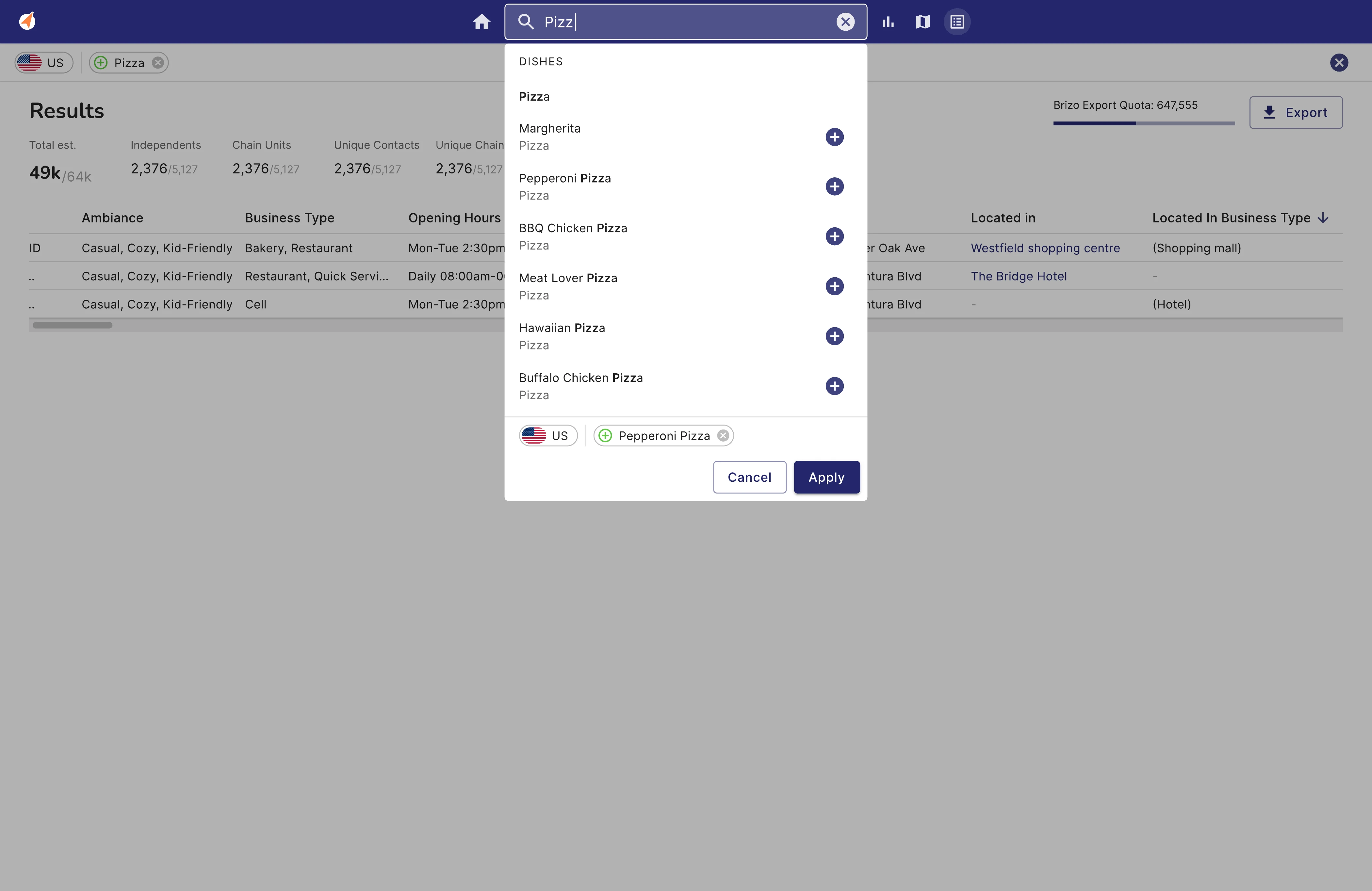 The dish-search filter modal over the live results — selected criteria (US, then Pepperoni Pizza) accumulating as removable chips along the bottom of the modal, above Cancel and Apply.