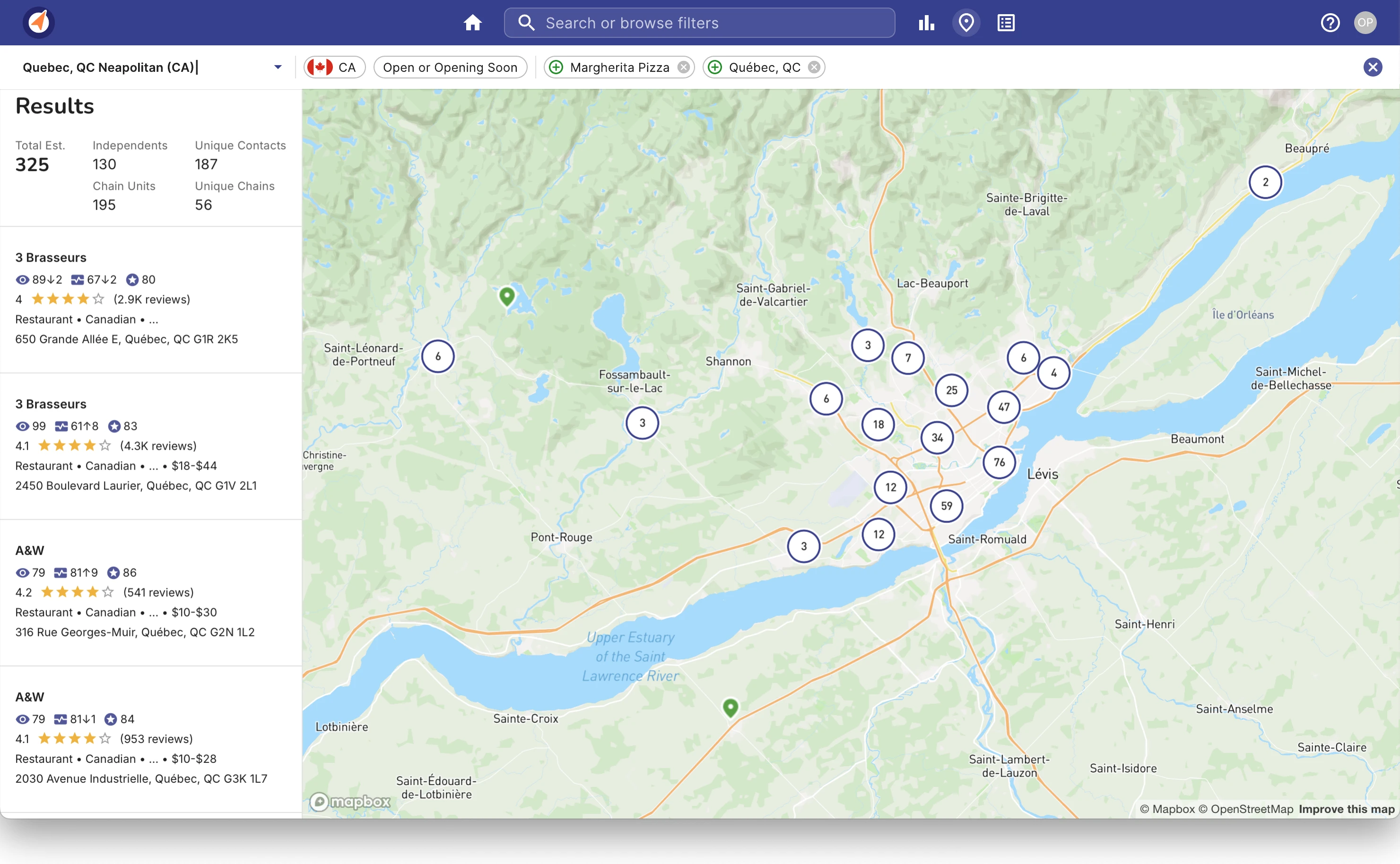 A four-criterion query — country, operational status, a dish, and a city staged as removable chips above the result list, returning 325 establishments on the map.