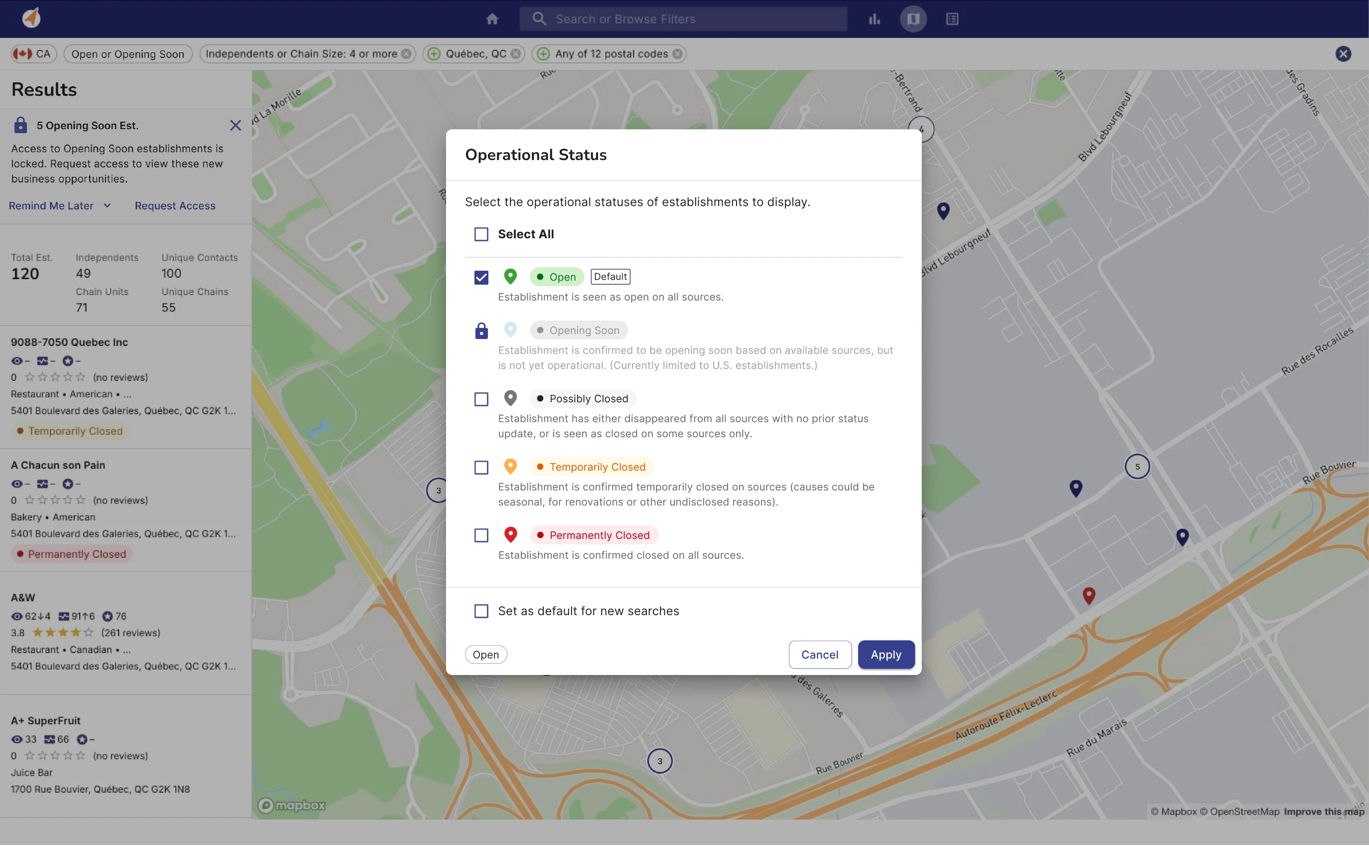 The Operational Status filter dialog in the live app — five statuses to display (open, opening soon, possibly closed, temporarily closed, permanently closed), with Opening Soon shown locked behind a padlock, and a set-as-default option.