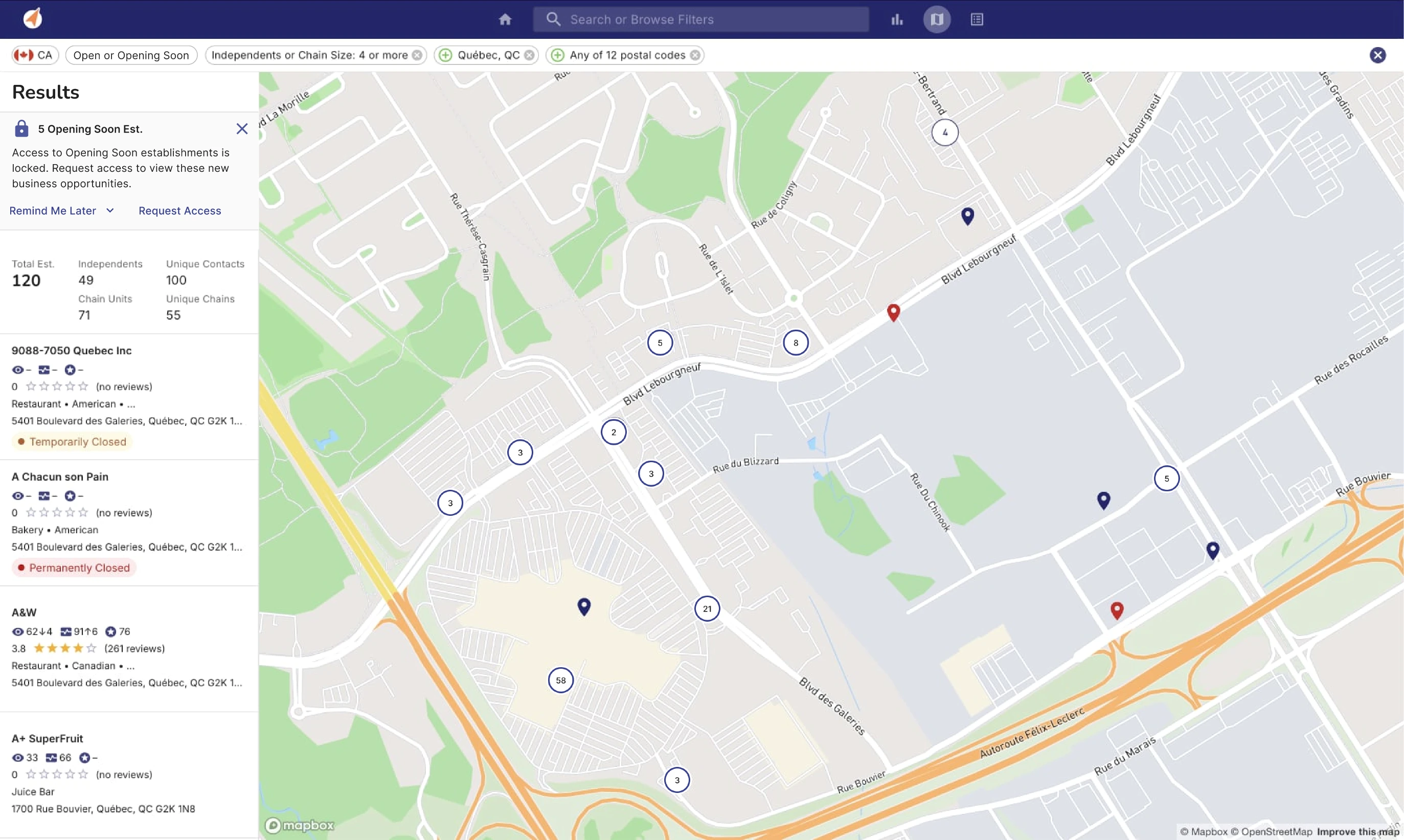 The live results view with the Opening Soon panel locked — a “5 Opening Soon Est.” card explaining access is locked, with Remind Me Later and Request Access buttons, beside a map of colour-coded status pins and clustered counts.
