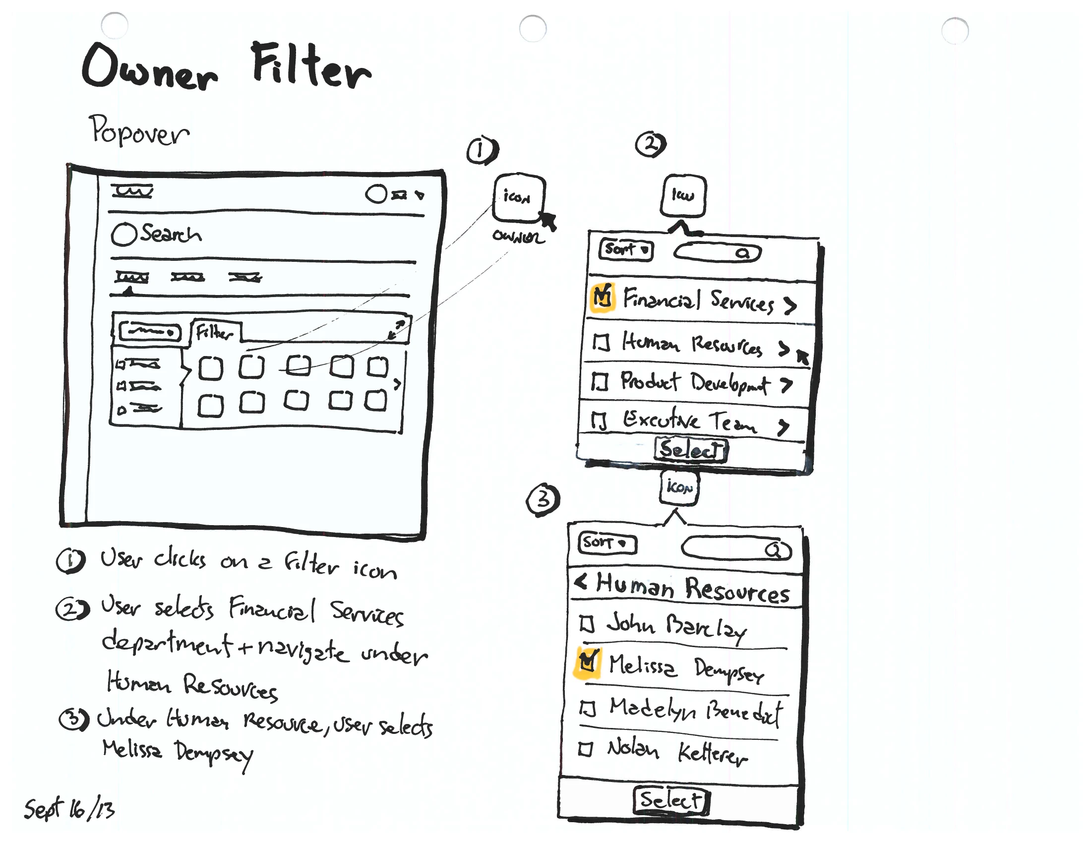 An “Owner Filter” popover sketch — clicking a filter icon opens a popover to search and drill from a department (Financial Services, Human Resources) down to an individual owner.
