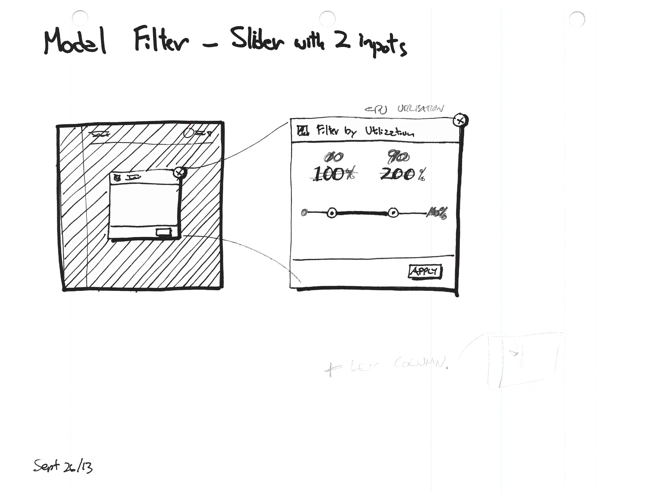A “Modal Filter — Slider with two inputs” sketch — a “Filter by Utilization” control with a two-handle range slider from 0% to 200% and an Apply button.