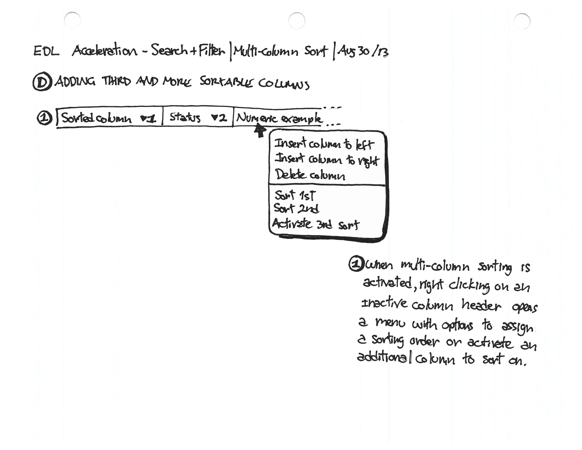 The same study at “Adding a third and more sortable columns” — the menu offering Sort 1st and Activate 3rd sort, letting an admin build a multi-column sort one column at a time.