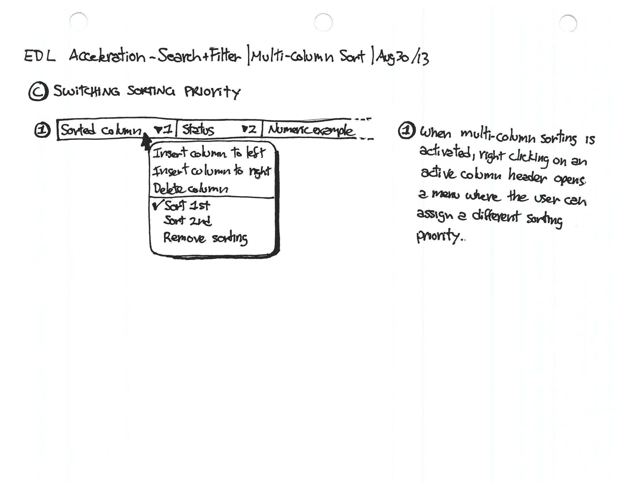 The same study at “Switching sorting priority” — an active column’s right-click menu now offering Sort 1st, Sort 2nd, and Remove sorting, with a note on reassigning sort priority.