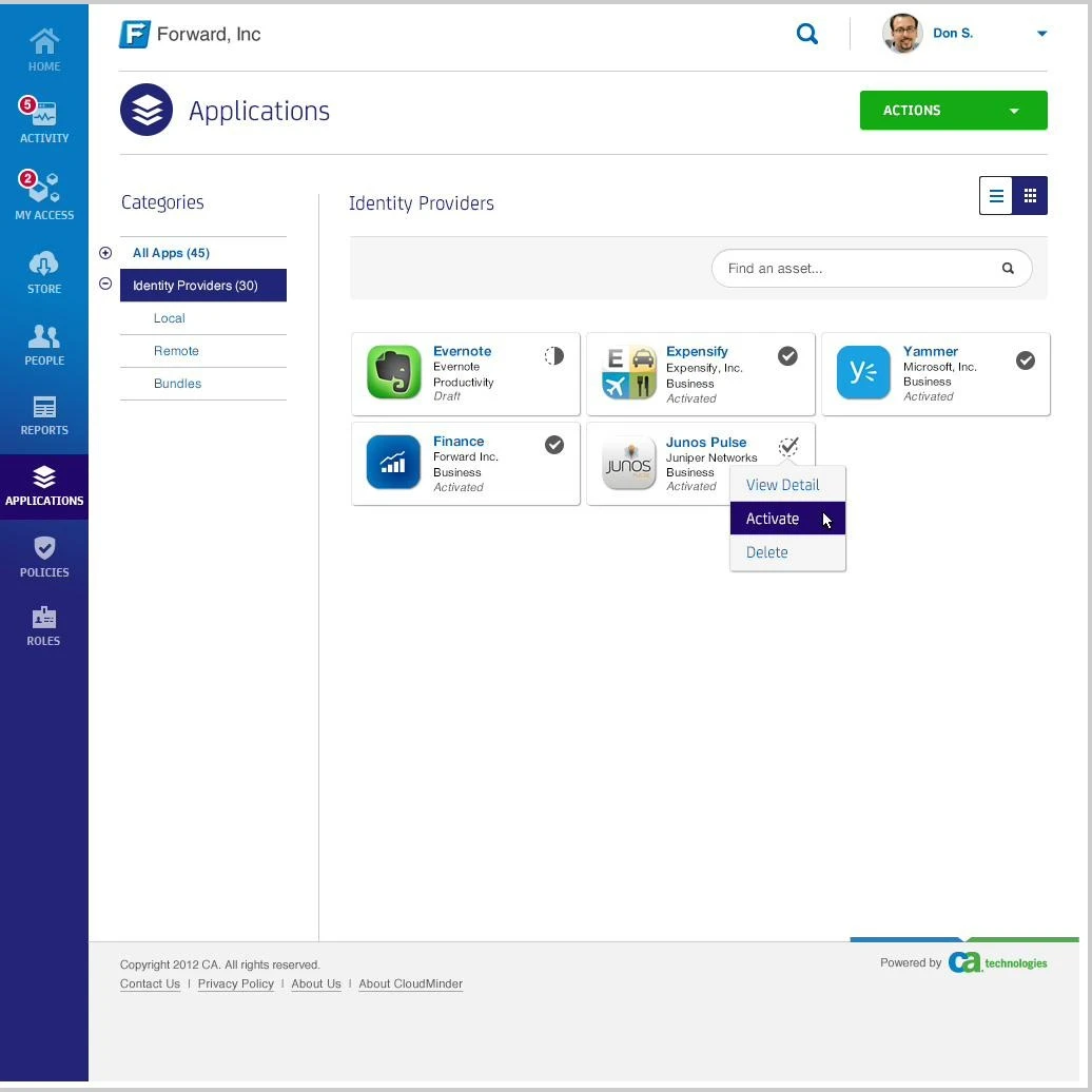 The CloudMinder admin console for the tenant “Forward, Inc” — an Applications screen with a left navigation rail, a Categories sidebar (All Apps, Identity Providers, Local, Remote, Bundles), a “find an asset” search field, a list/grid view toggle, and a grid of application cards (Evernote, Expensify, Yammer, Finance, Junos Pulse) each showing type and activation status, with an open View Detail / Activate / Delete menu.