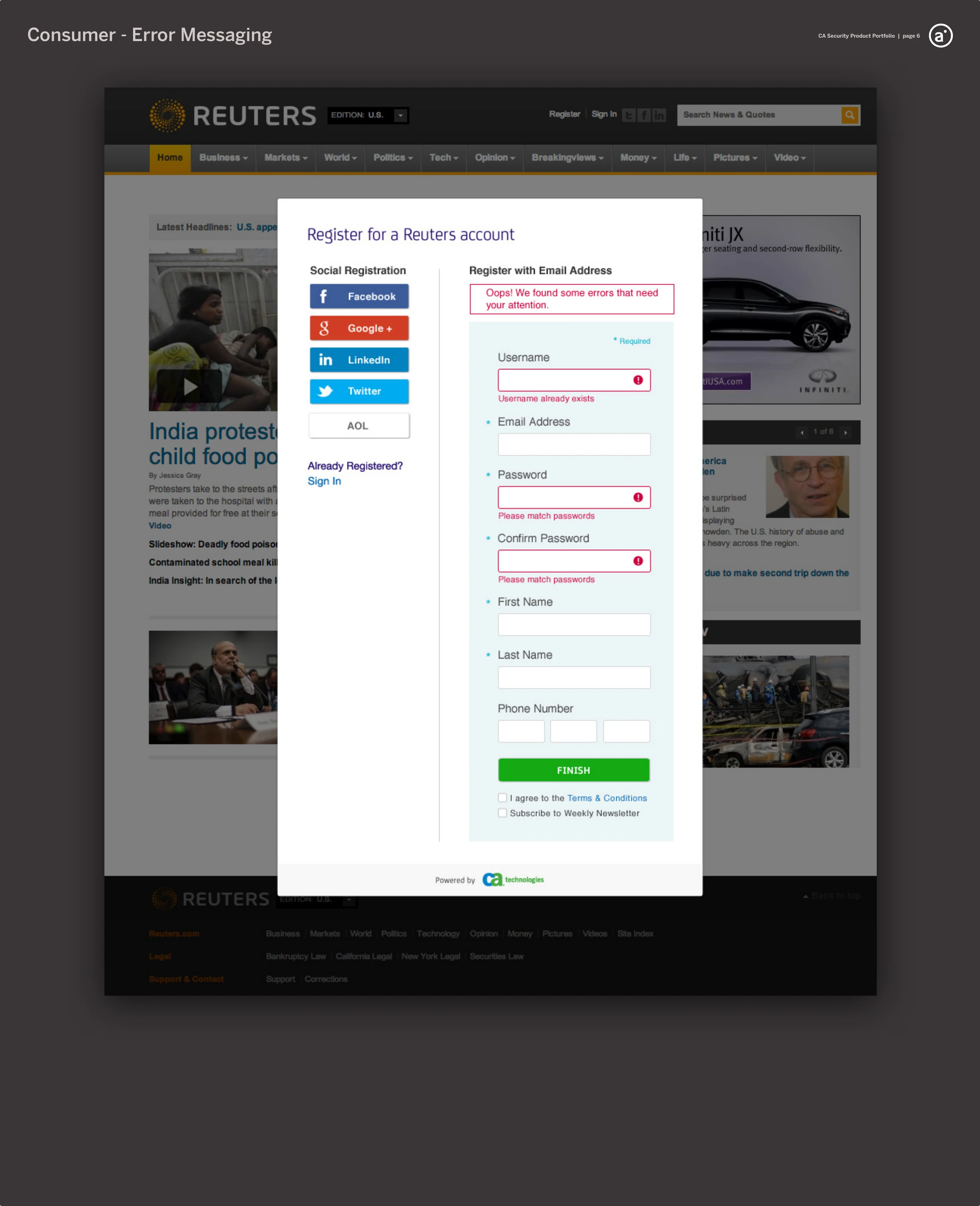 The same registration form returning inline validation errors on the required fields.
