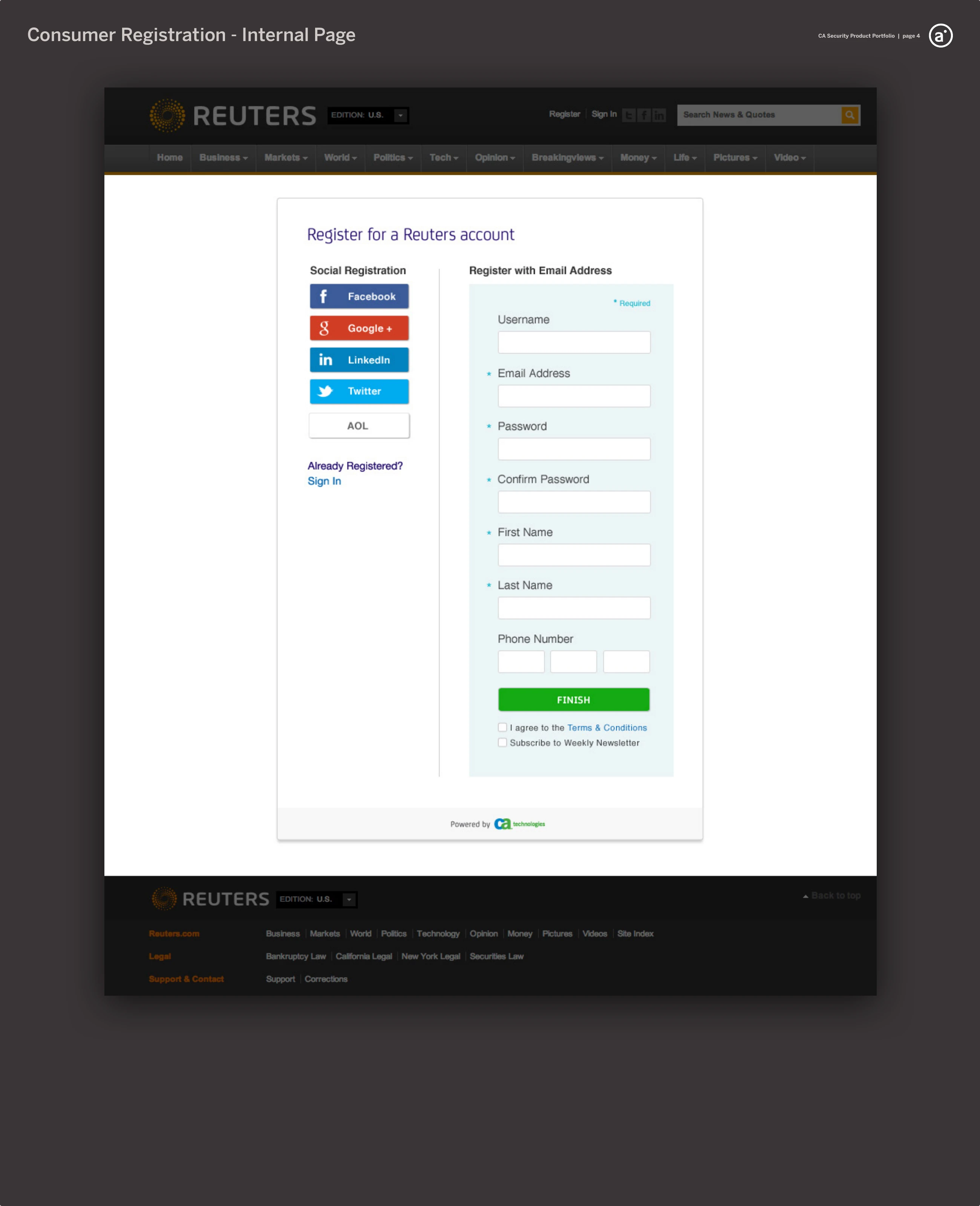 A Reuters registration page powered by CloudMinder, offering social registration (Facebook, Google+, LinkedIn, Twitter, AOL) beside a register-with-email form.