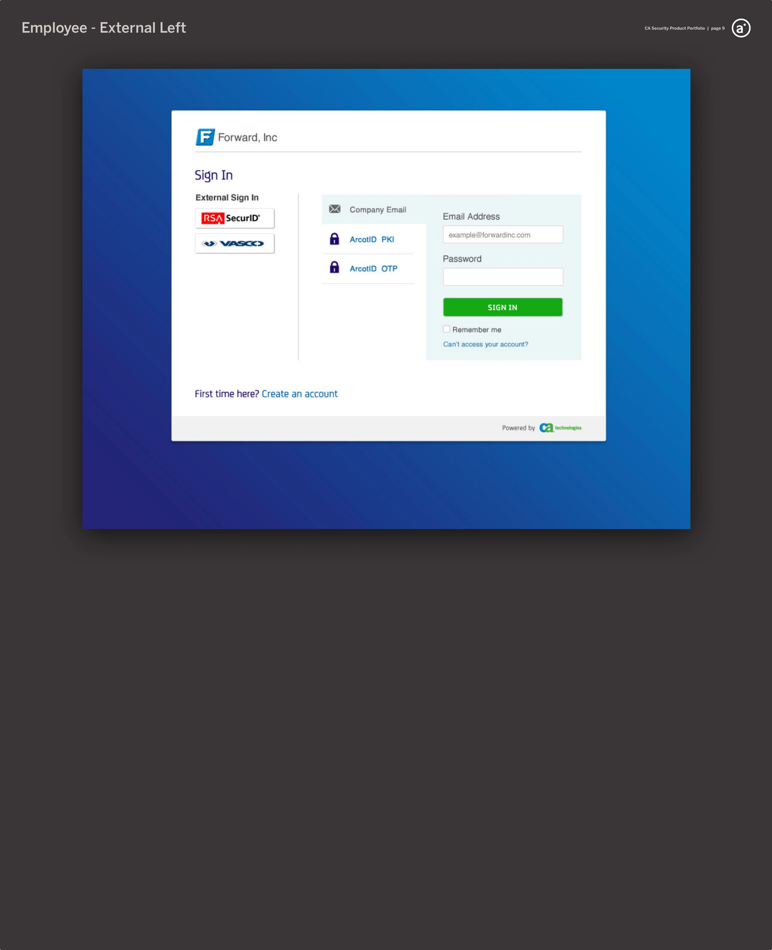 A Forward Inc. sign-in page with an External Sign In column (RSA SecurID, VASCO), ArcotID PKI and OTP options, and a company-email and password form.