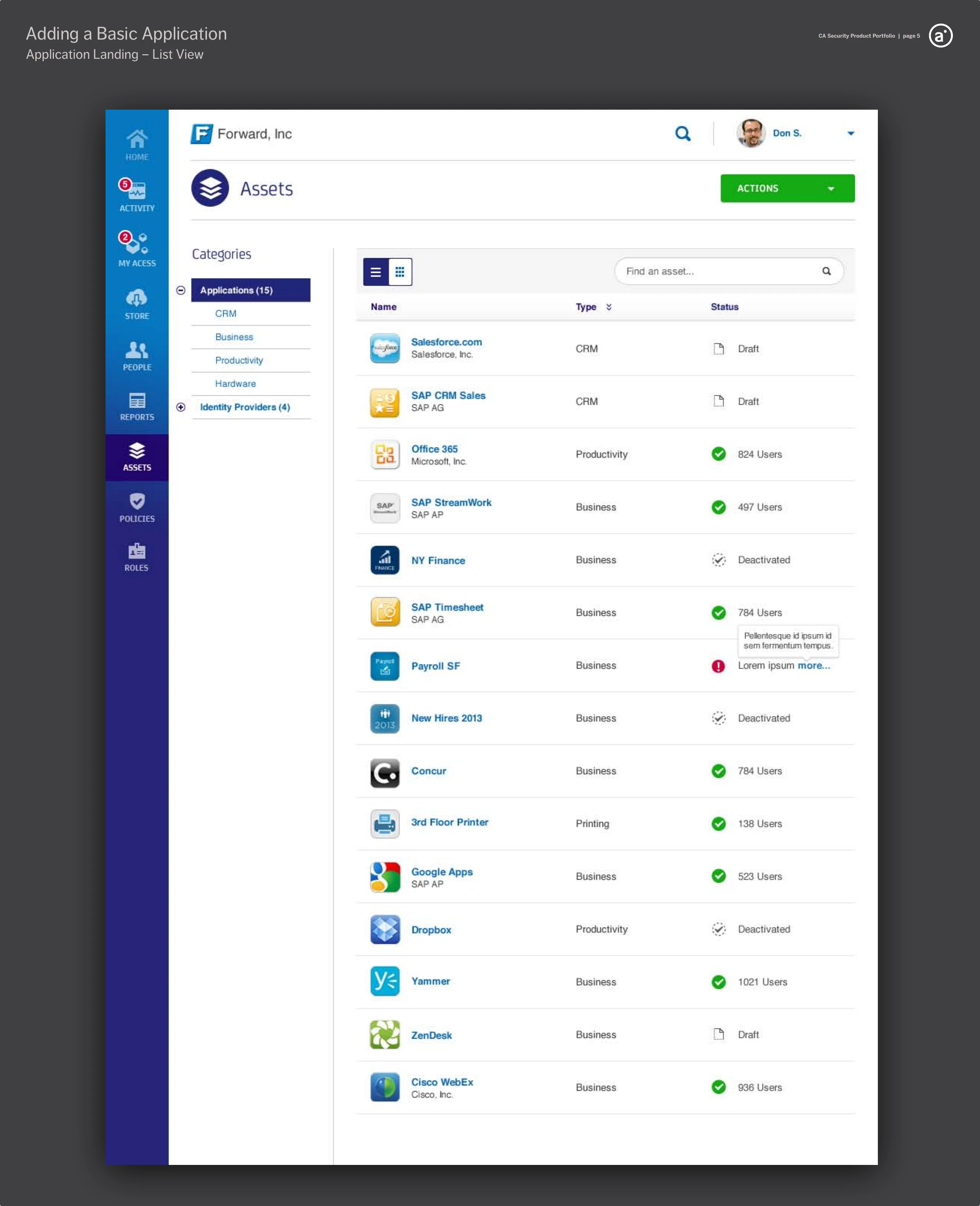 The CloudMinder Assets landing screen listing fifteen connected applications with type and sign-on status — draft, active with a user count, or deactivated.
