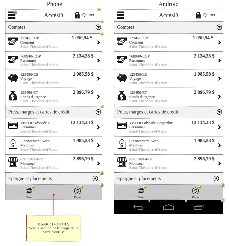 A specification sheet showing the account list on iPhone and on Android side by side: the same accounts, sections and bottom toolbar on both, with a note on the toolbar.