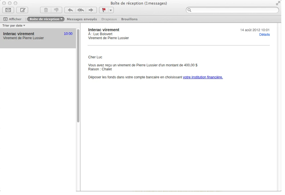 A notification email shown inside an email client — “you’ve received a transfer” with a link to deposit the funds by choosing a financial institution.