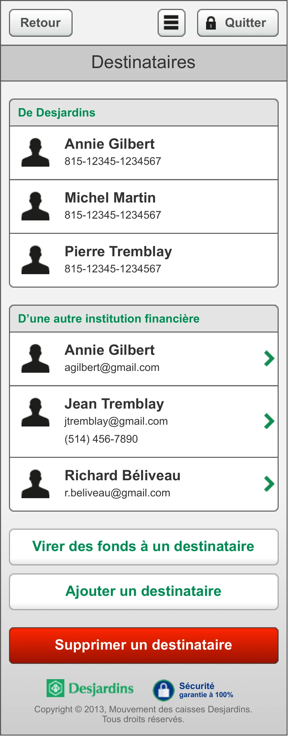 A recipients list split into two groups — Desjardins members by account number, and contacts at other institutions by email or phone.
