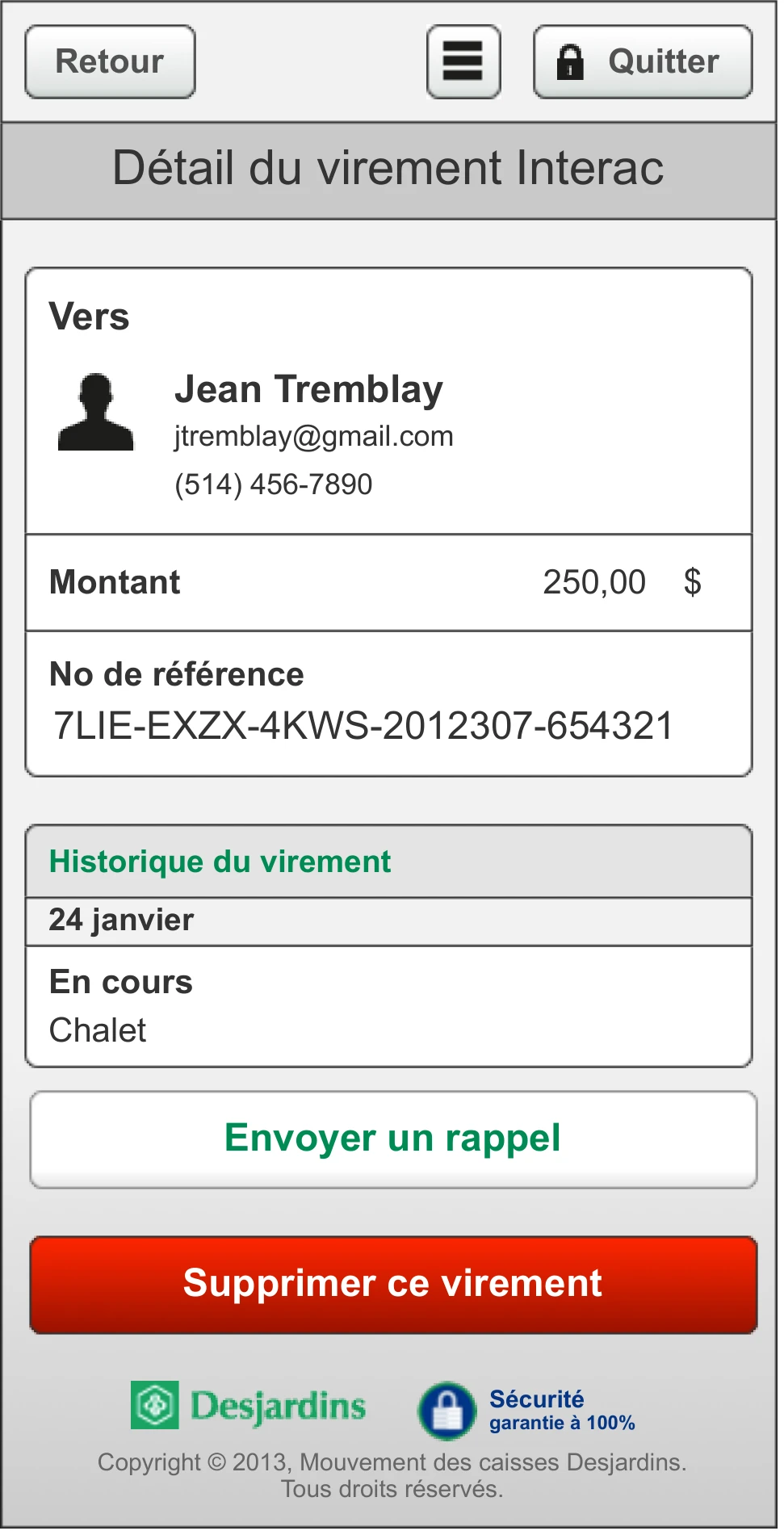 A pending Interac transfer detail — recipient, amount, reference number, a status history, and a red delete action set against a secondary reminder.