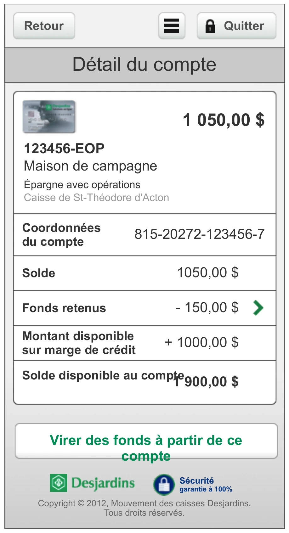 An account-detail screen showing balance, held funds, and available credit, with a drill-in for the held-funds breakdown.