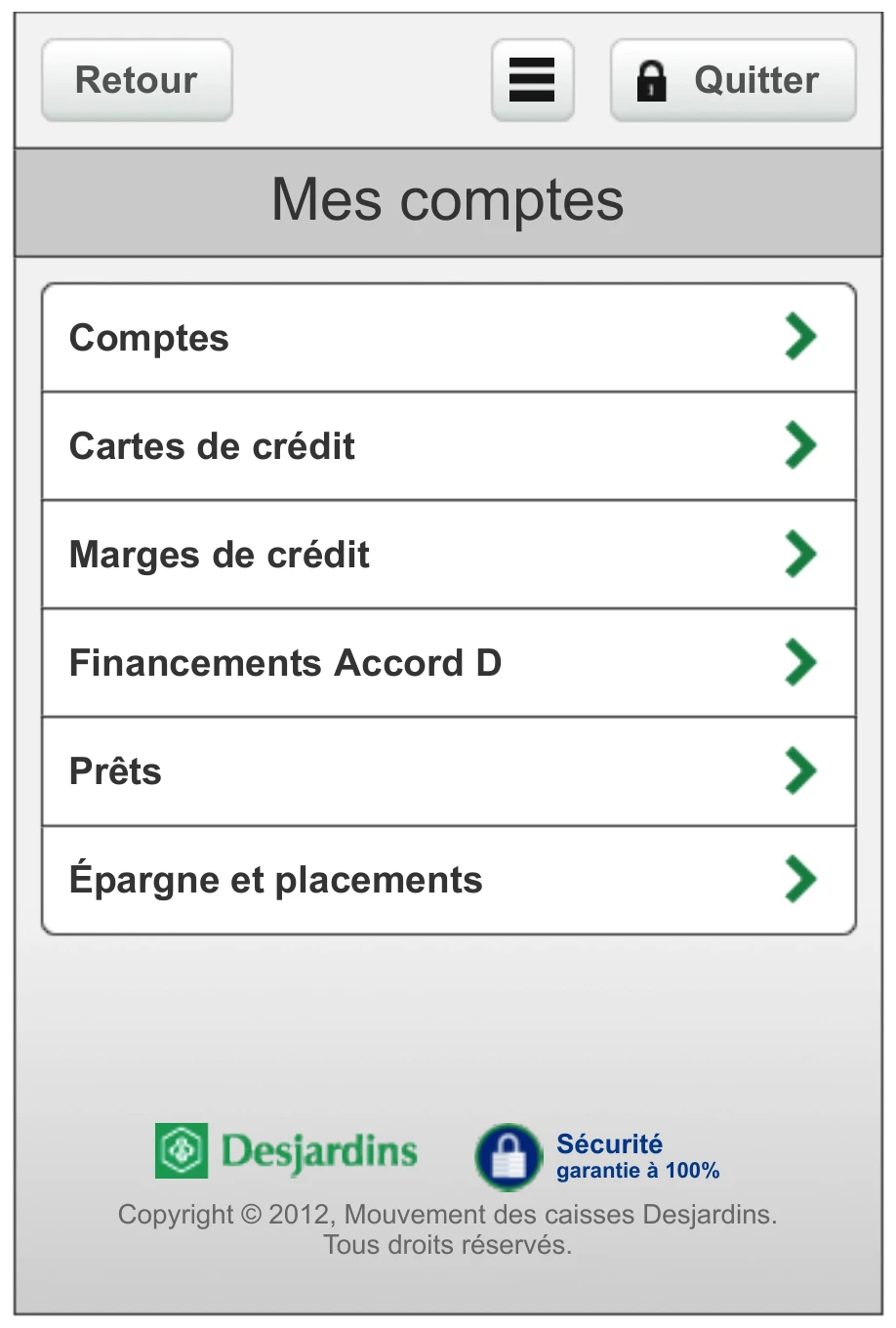 The redesigned account list — account types as plain rows under a Mes comptes header.