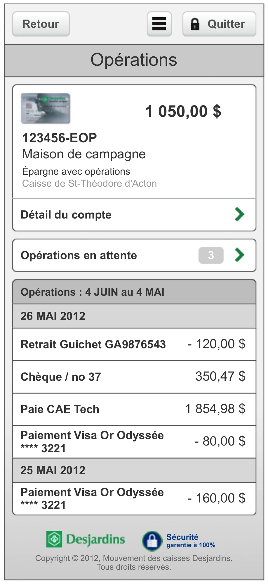 An operations screen — the account card and balance, a row flagging three pending operations, and transactions grouped under dated headers (26 May, 25 May).