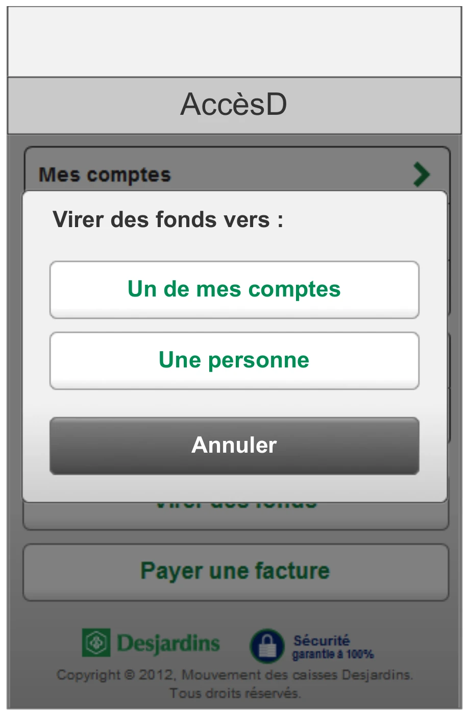 A “transfer funds to” action sheet over the home screen, forking between one of my own accounts and a person.