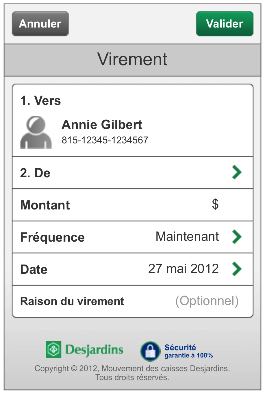 A funds-transfer form — recipient, source account, amount, frequency, and date, with an optional reason field.