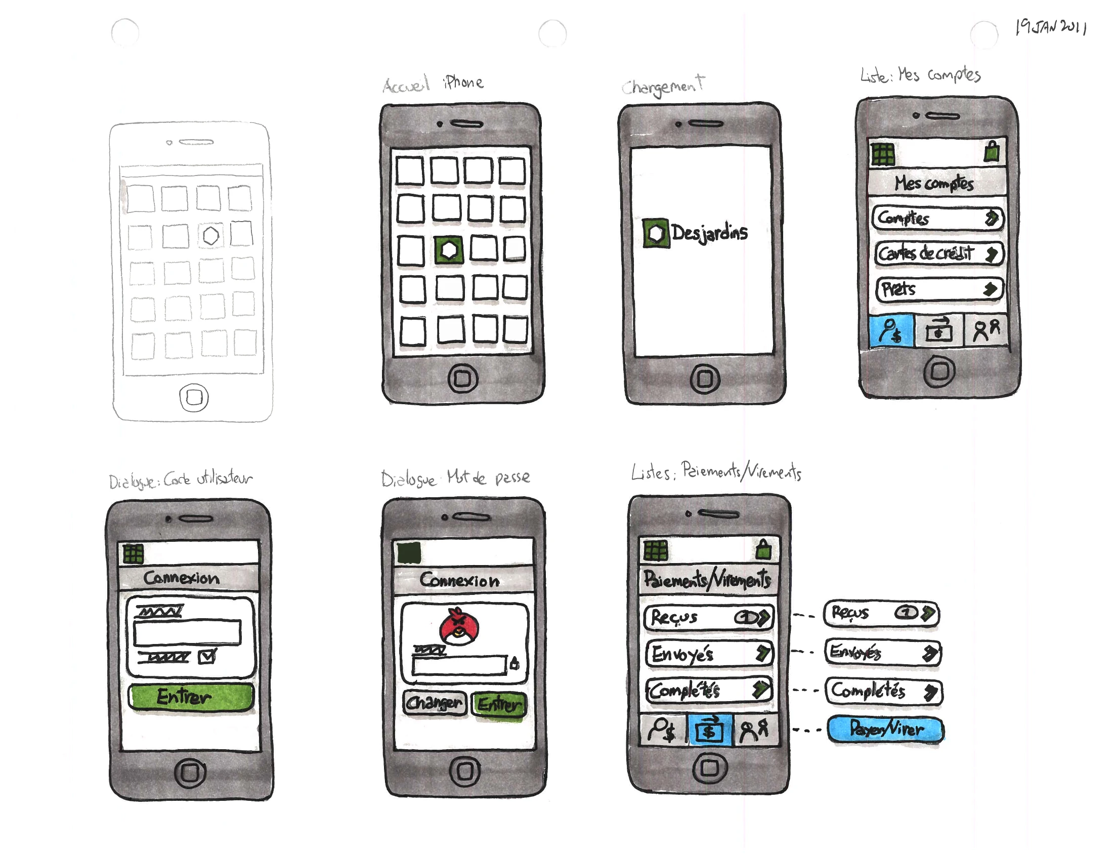 A hand-coloured storyboard of six iPhone frames — home, loading, the account list, and two sign-in dialogs — rendered in marker and watercolour.