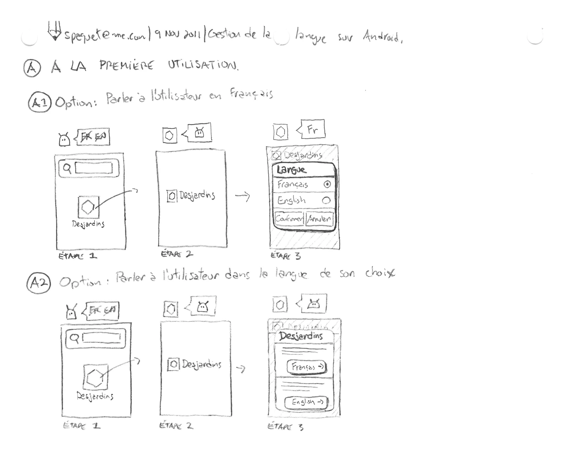 A storyboard weighing two first-run options — speak to the user in French, or in the language of their choice — three steps each.