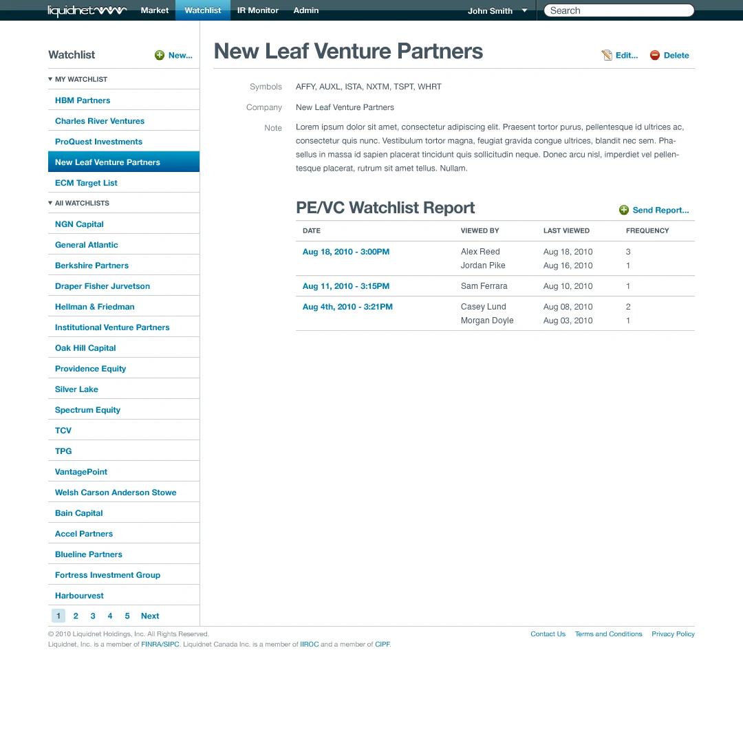 The InfraRed Watchlist screen: a left rail of named venture and private-equity watchlists, and a detail pane for New Leaf Venture Partners listing its symbols and a PE/VC Watchlist Report log of who viewed it and when.