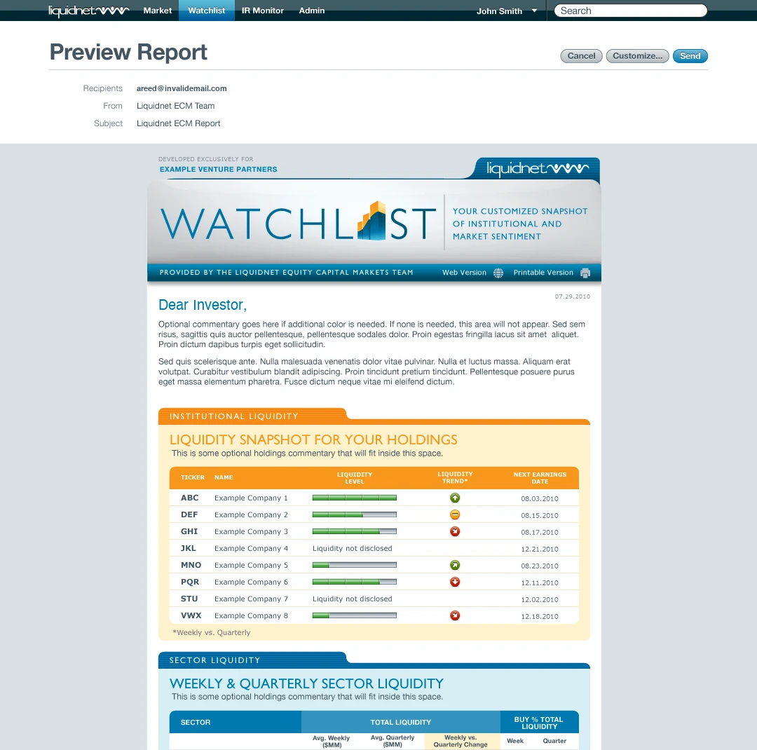 The Preview Report screen showing the outgoing HTML email inside it: a Watchlist masthead, a “Liquidity Snapshot for your Holdings” table grading each ticker with a bar gauge and an up, flat or down trend arrow, and a sector liquidity table below.