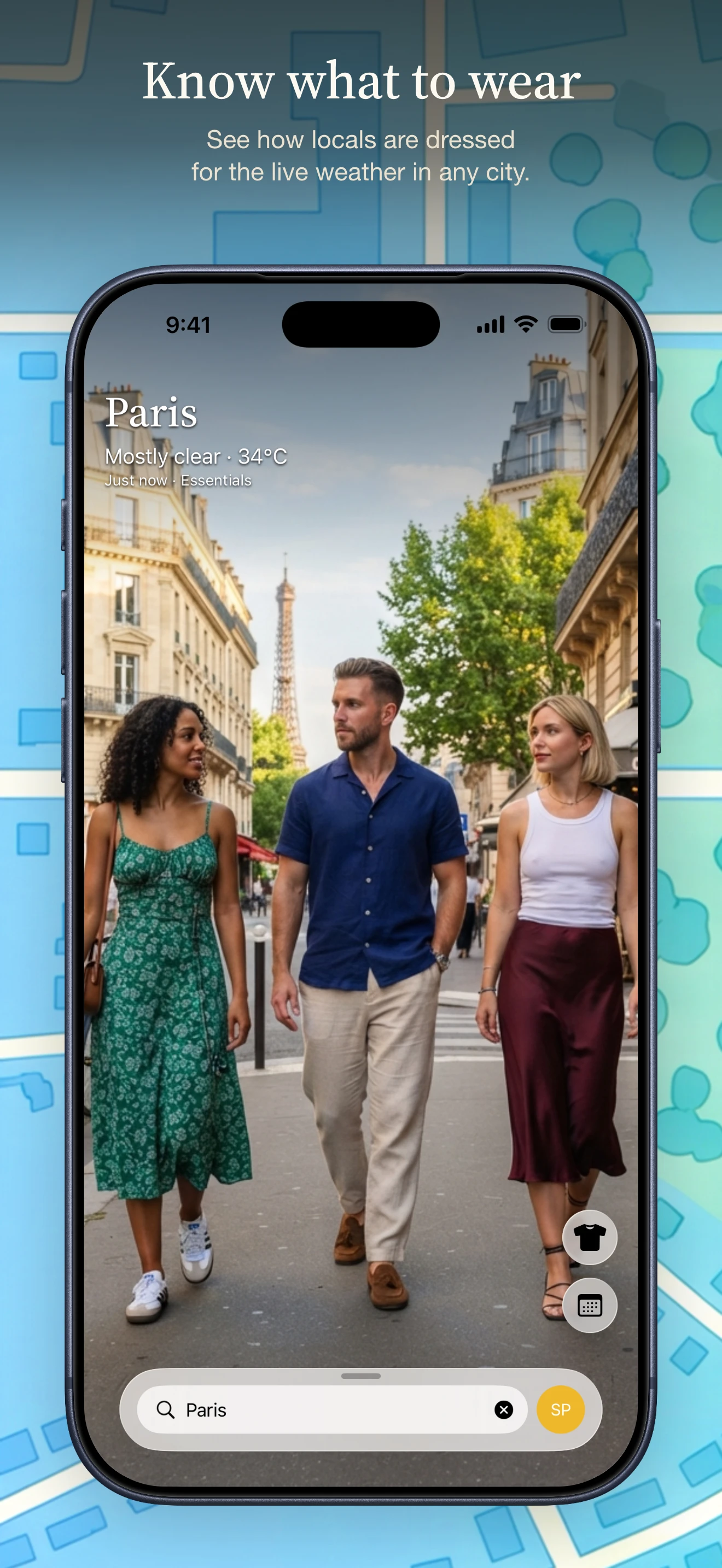 App Store gallery panel: “Know what to wear” over the Paris screen, framed on a map wallpaper.