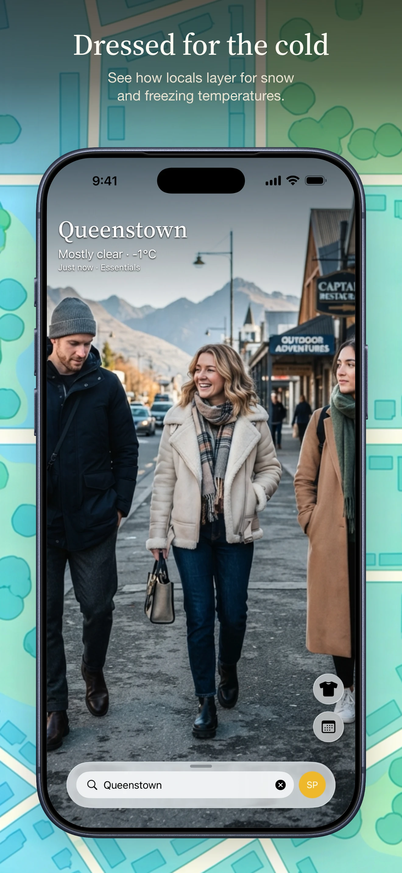 App Store gallery panel: “Dressed for the cold” over the Queenstown screen, on the same continuous map.