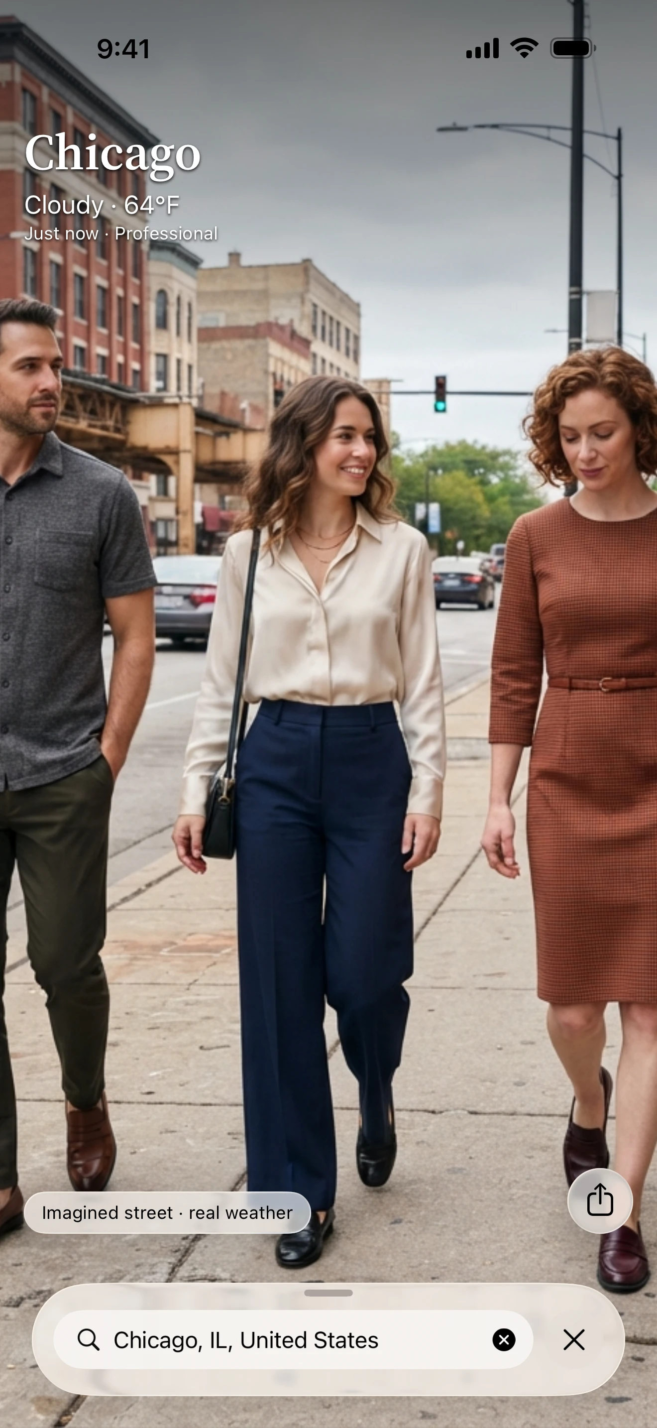 Peek-Now on iOS: Chicago, cloudy, three people dressed for the office.