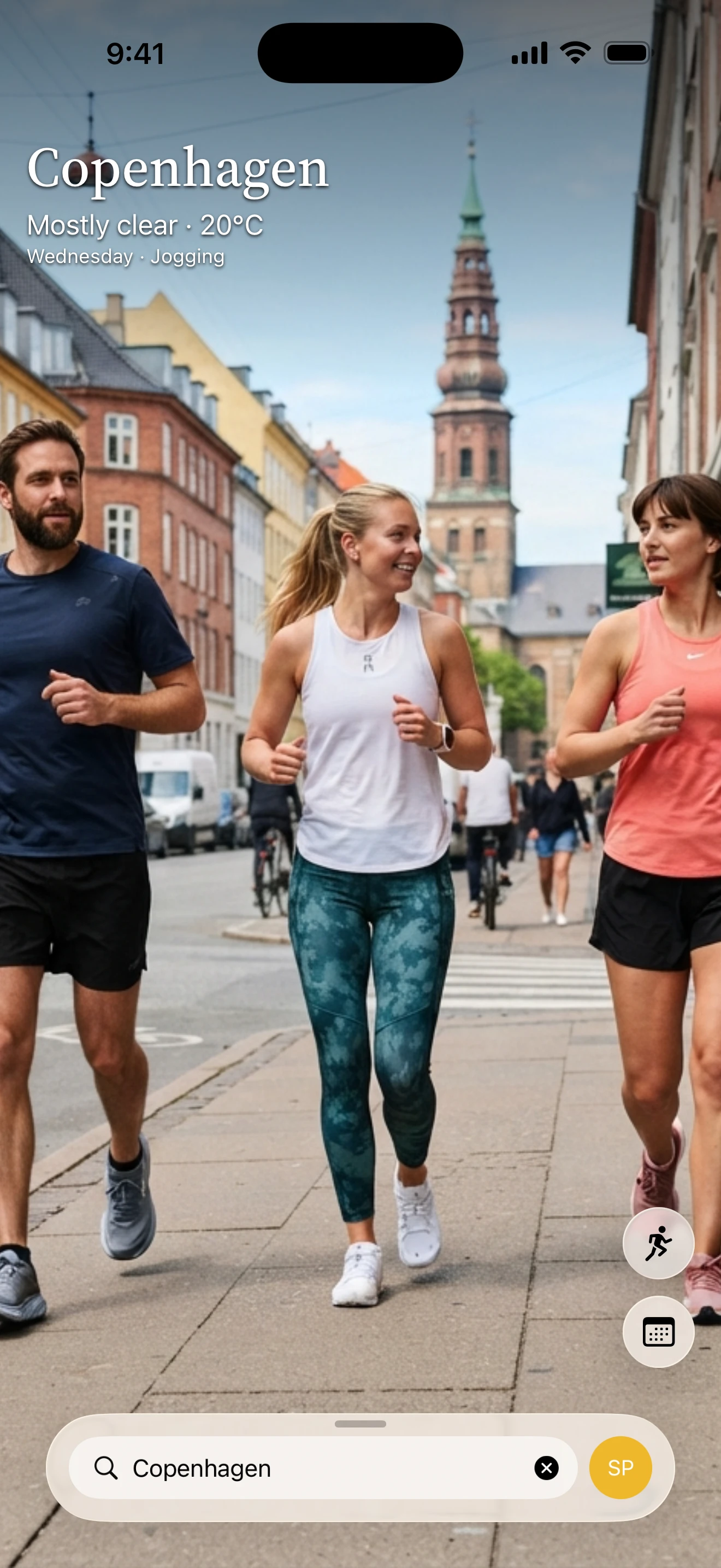 iOS screen: runners layered for the weather in Copenhagen.