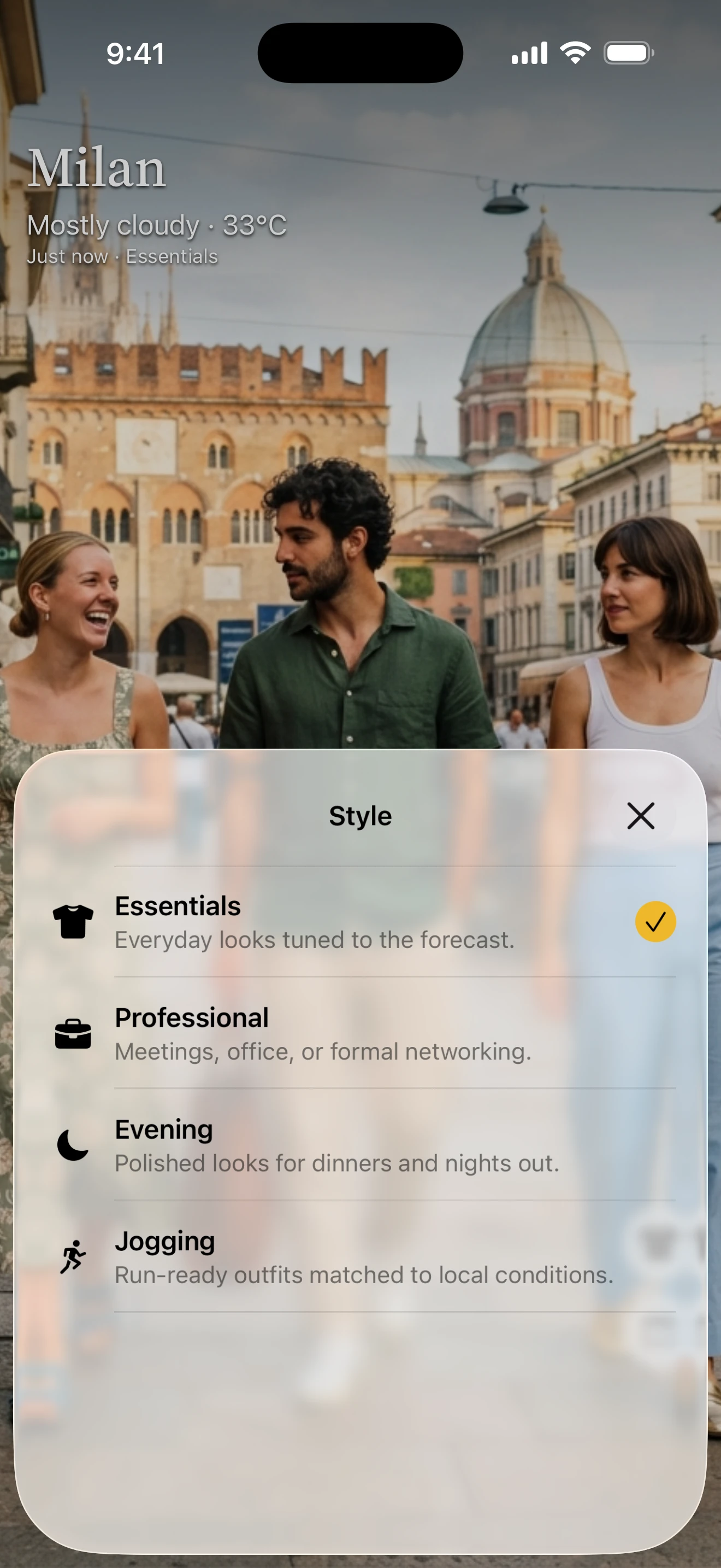 iOS style picker over Milan: essentials, professional, evening, jogging.