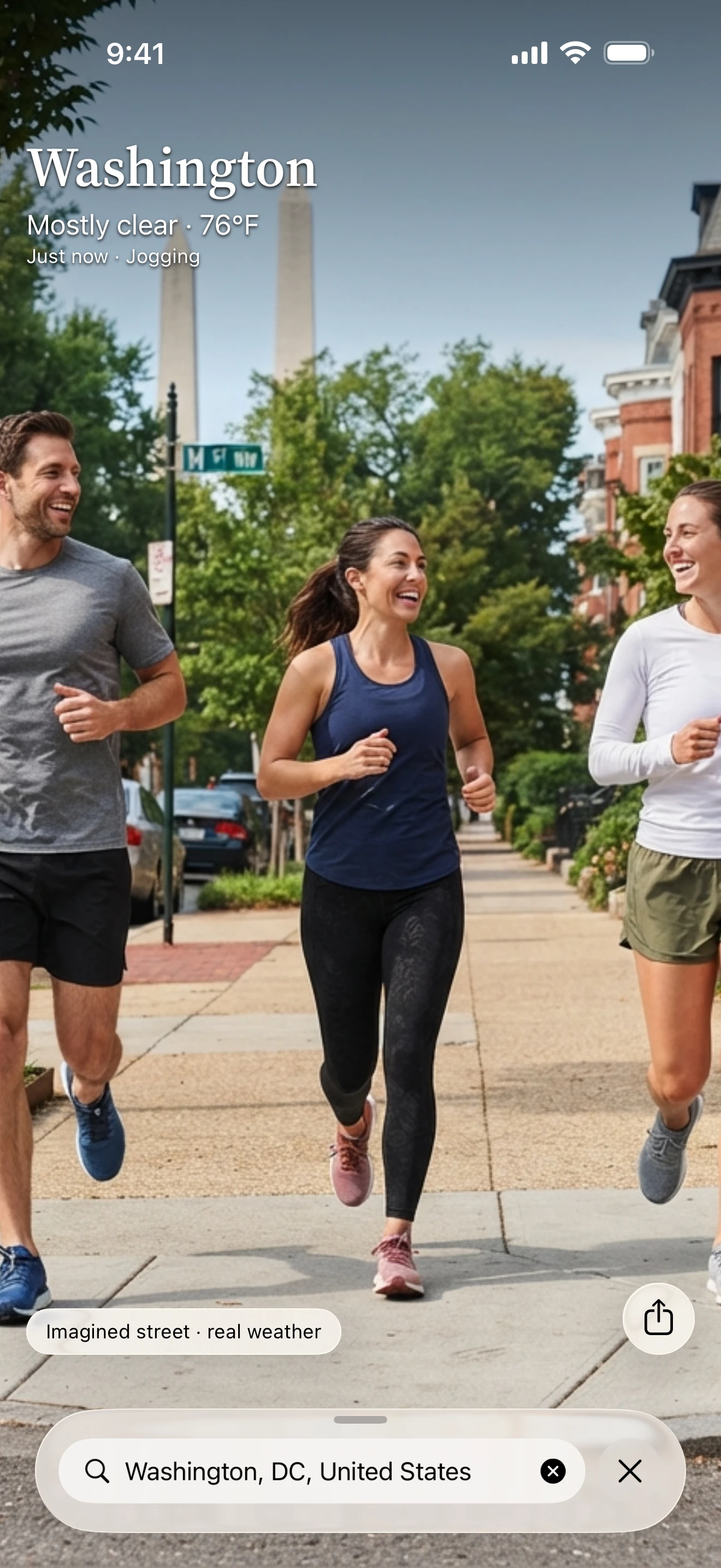 Peek-Now on iOS: Washington, mostly clear, three joggers dressed for a run.