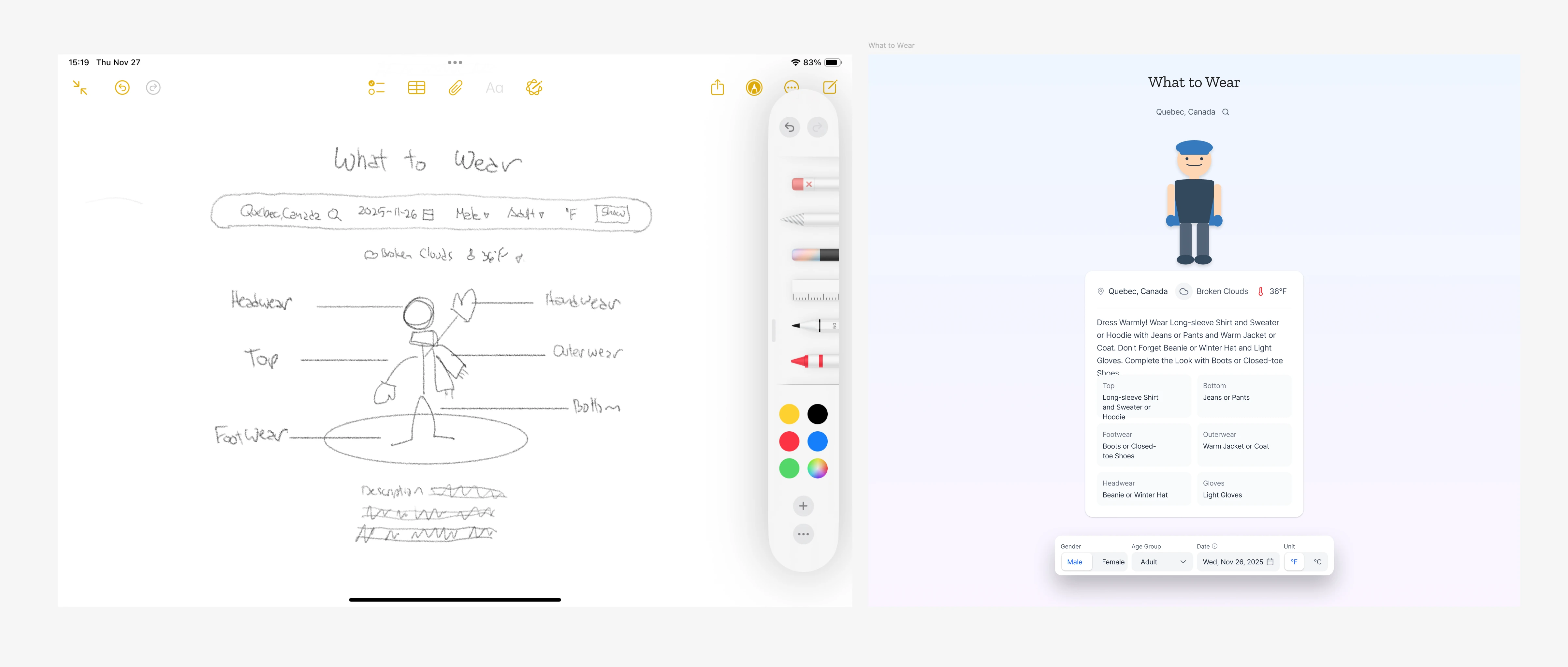 Split view pairing the original sketch with the first prototype screen.