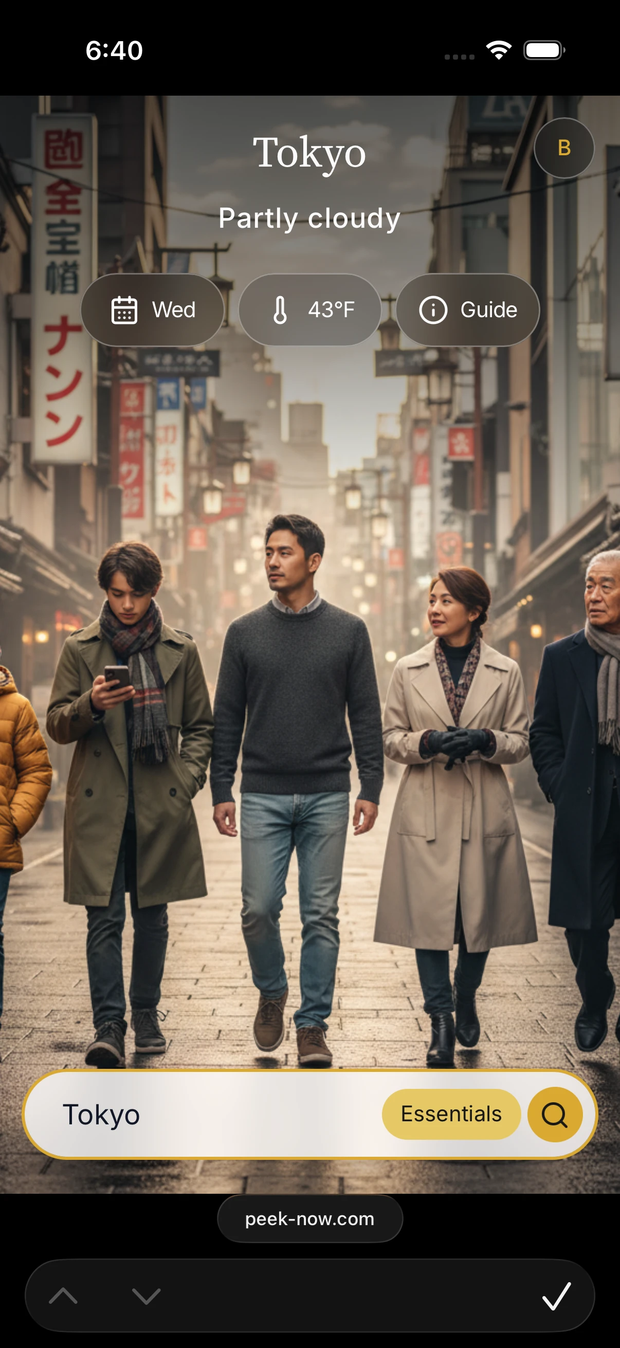 The web app open in mobile Safari — Tokyo, partly cloudy, outfits on the street.
