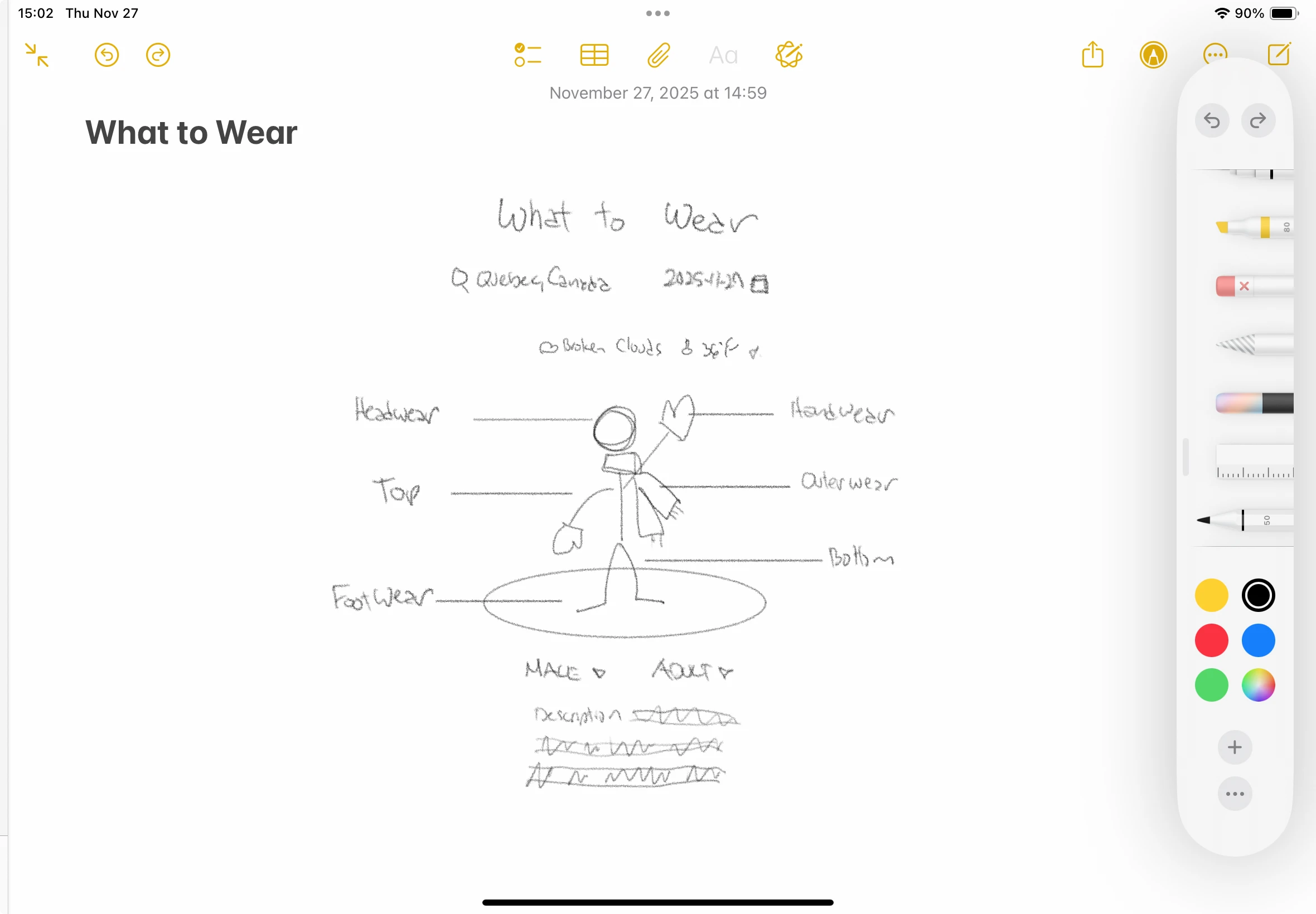 Hand-drawn “What to Wear” concept: a body-map vocabulary labelling headwear, top, outerwear, bottom and footwear.