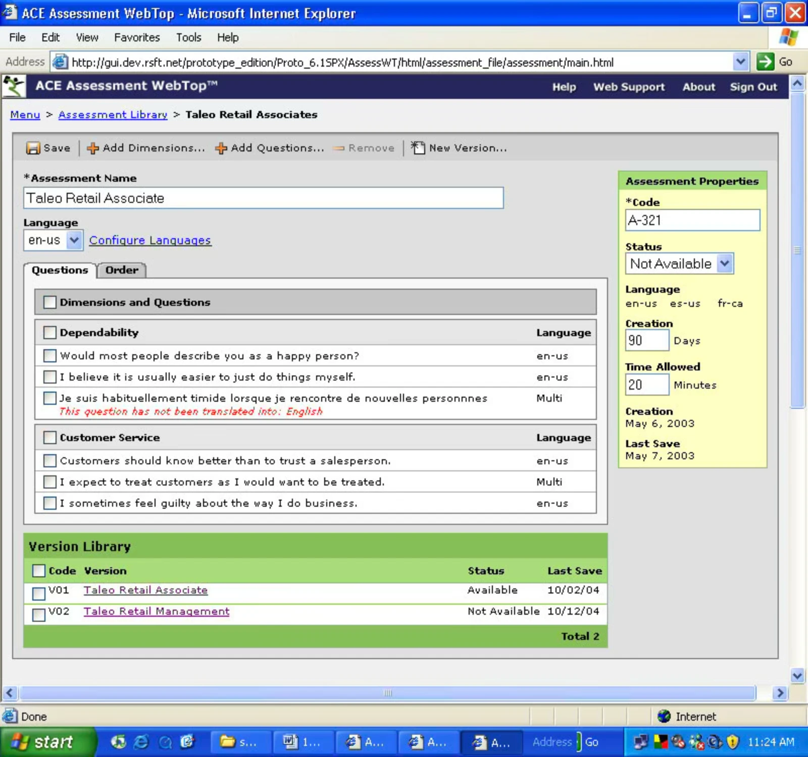 The ACE Assessment WebTop assessment editor in Internet Explorer, editing “Taleo Retail Associate”: a Dimensions and Questions tree grouping items under Dependability and Customer Service, each row carrying a Language column reading en-us or Multi; one French item sits in the list flagged beneath in red, “This question has not been translated into: English”. A right-hand Assessment Properties panel gives the code, status, languages and time allowed, and a Version Library sits below.